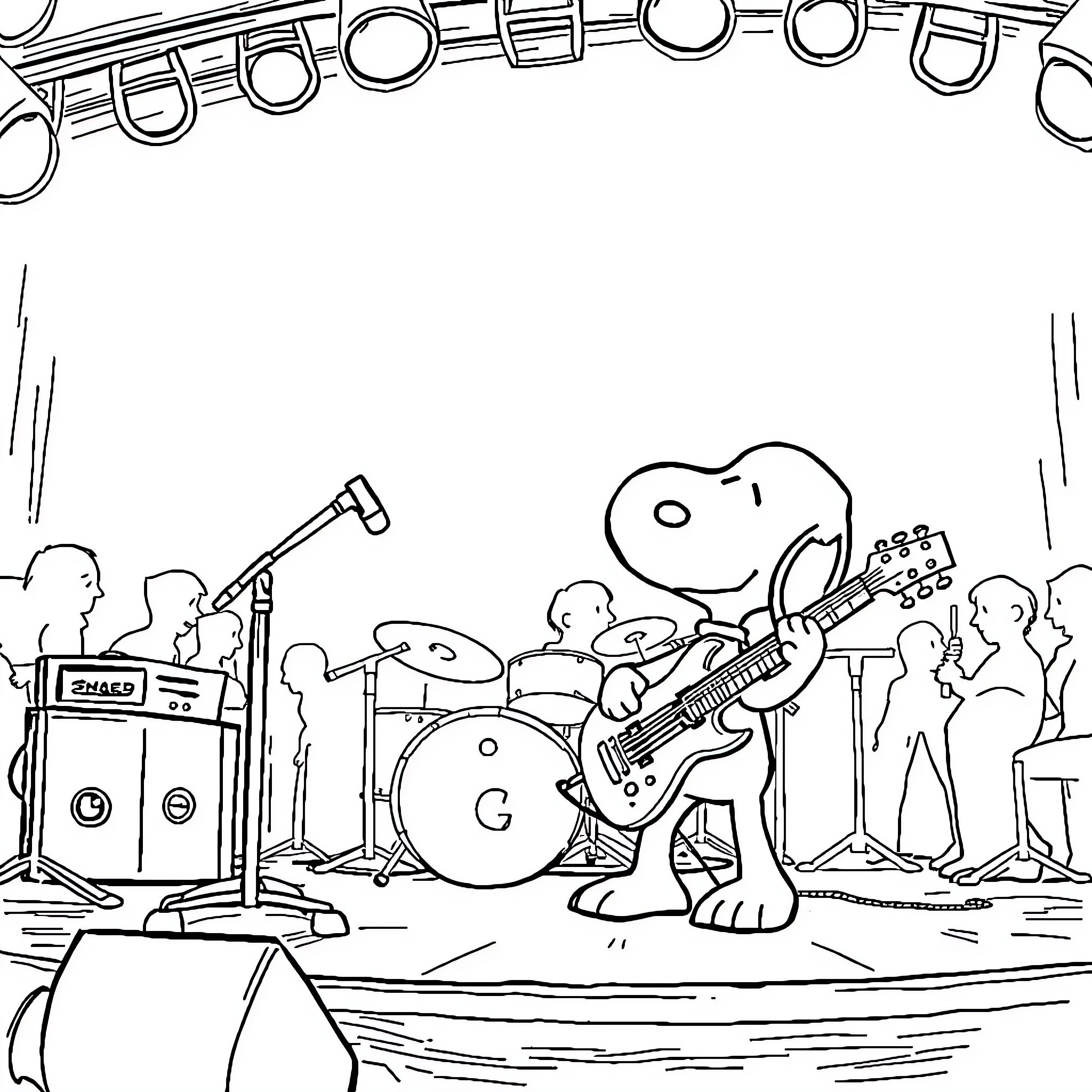 Snoopy and the band performing on stage Coloring Page (free black-and-white line drawing printable PDF for all, from beginners to advanced learners, including children, teens, adults, and seniors)