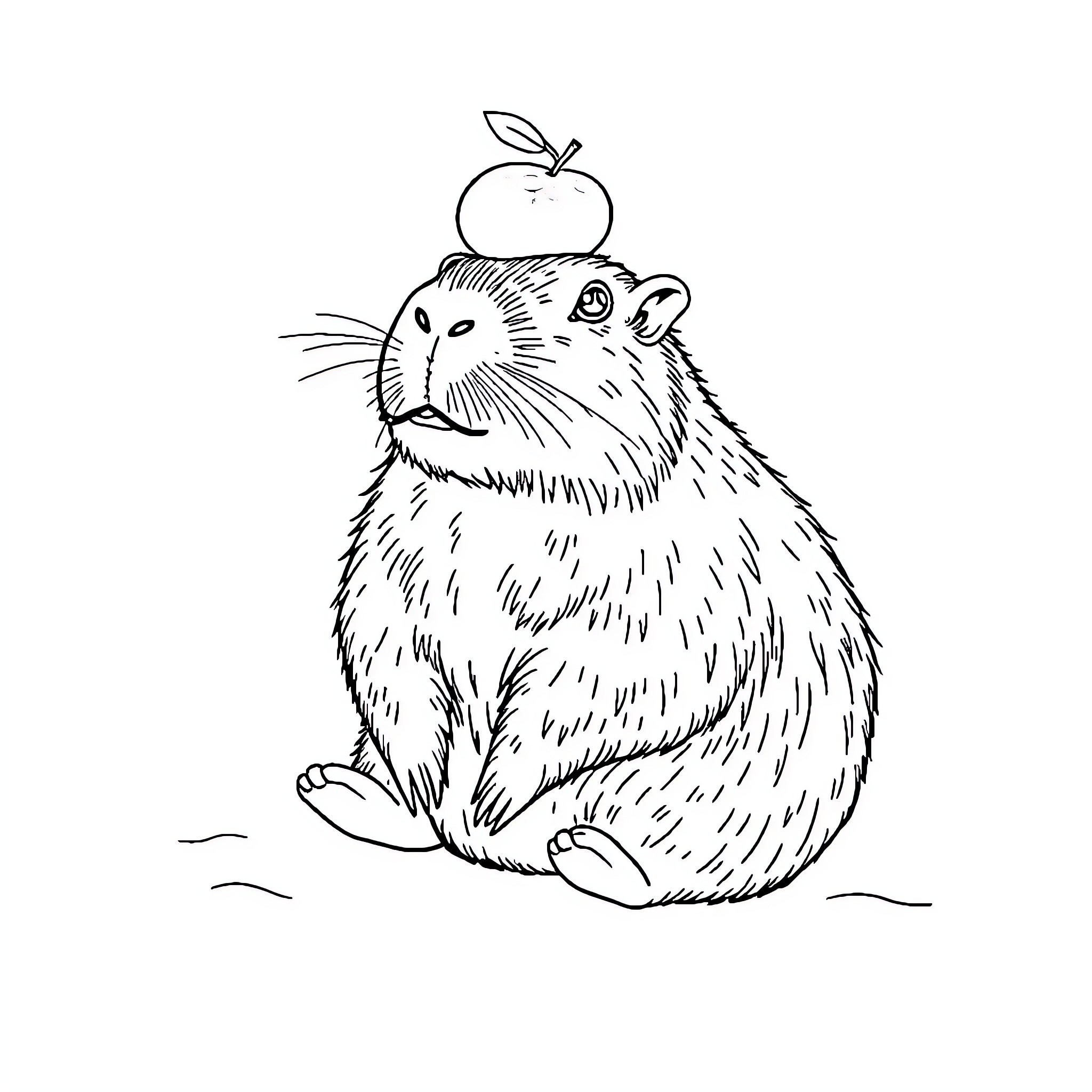 Capybara enjoying a tasty apple Coloring Page (free black-and-white line drawing printable PDF for all, from beginners to advanced learners, including children, teens, adults, and seniors)