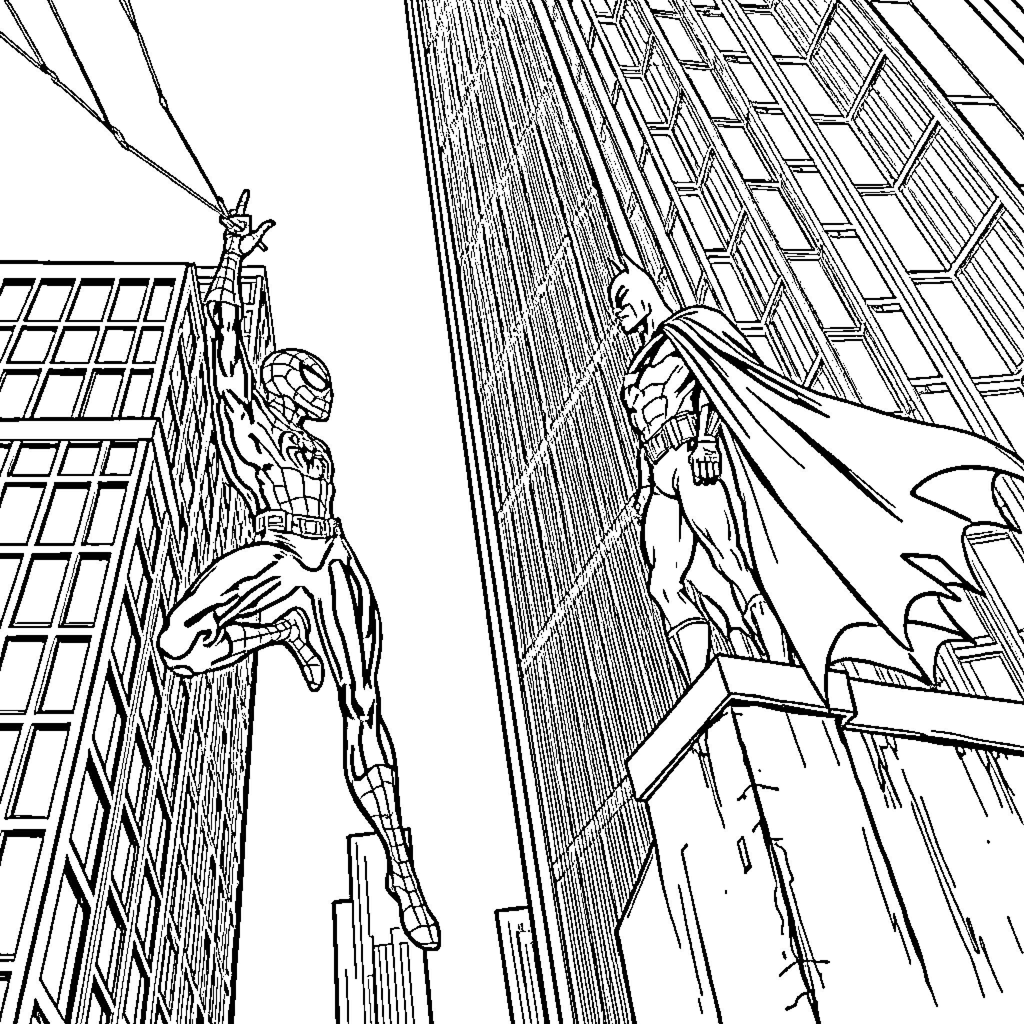 Superhero duo soaring over the city skyline Coloring Page (free black-and-white line drawing printable PDF for all, from beginners to advanced learners, including children, teens, adults, and seniors)