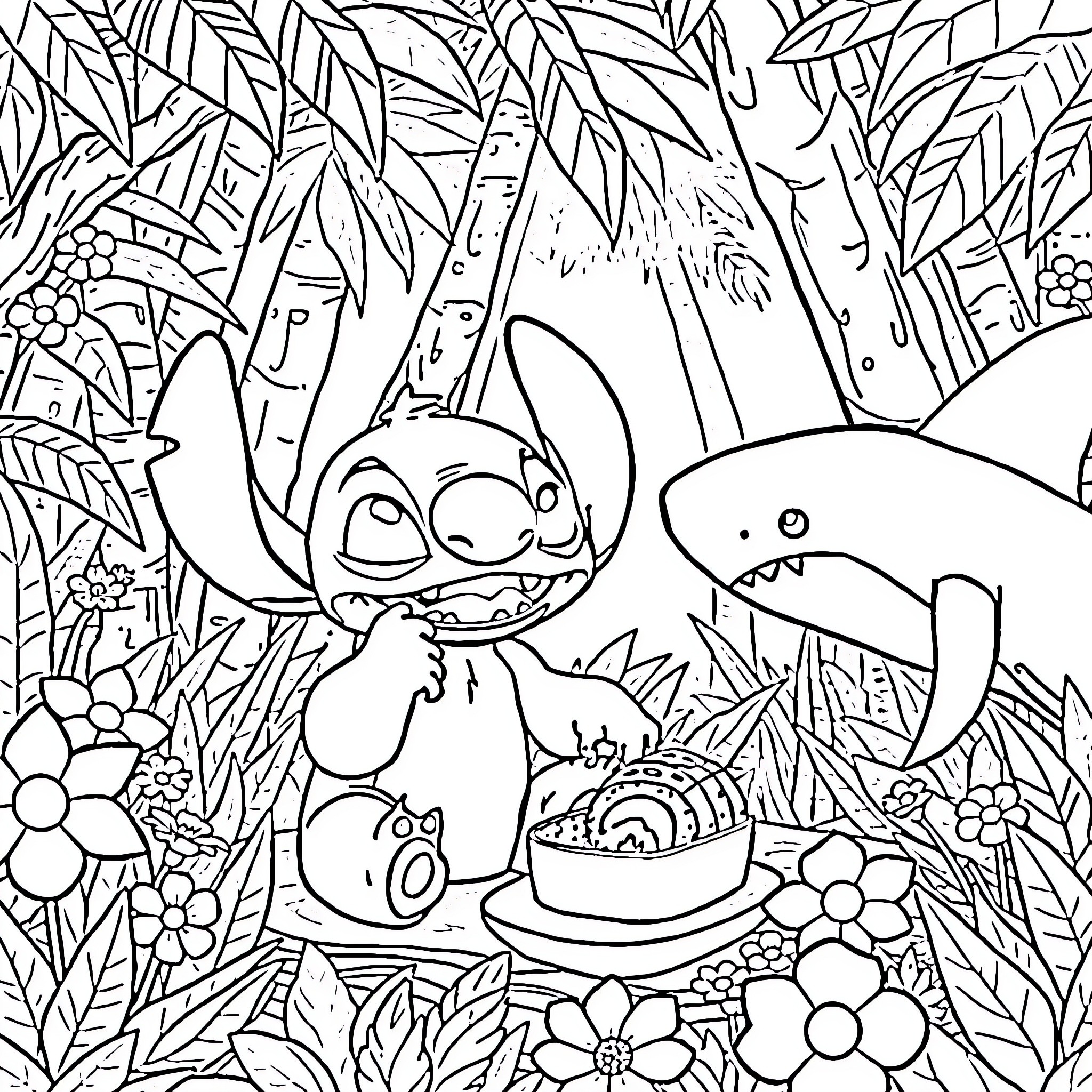Stitch exploring the jungle with his shark friend Coloring Page (free black-and-white line drawing printable PDF for all, from beginners to advanced learners, including children, teens, adults, and seniors)