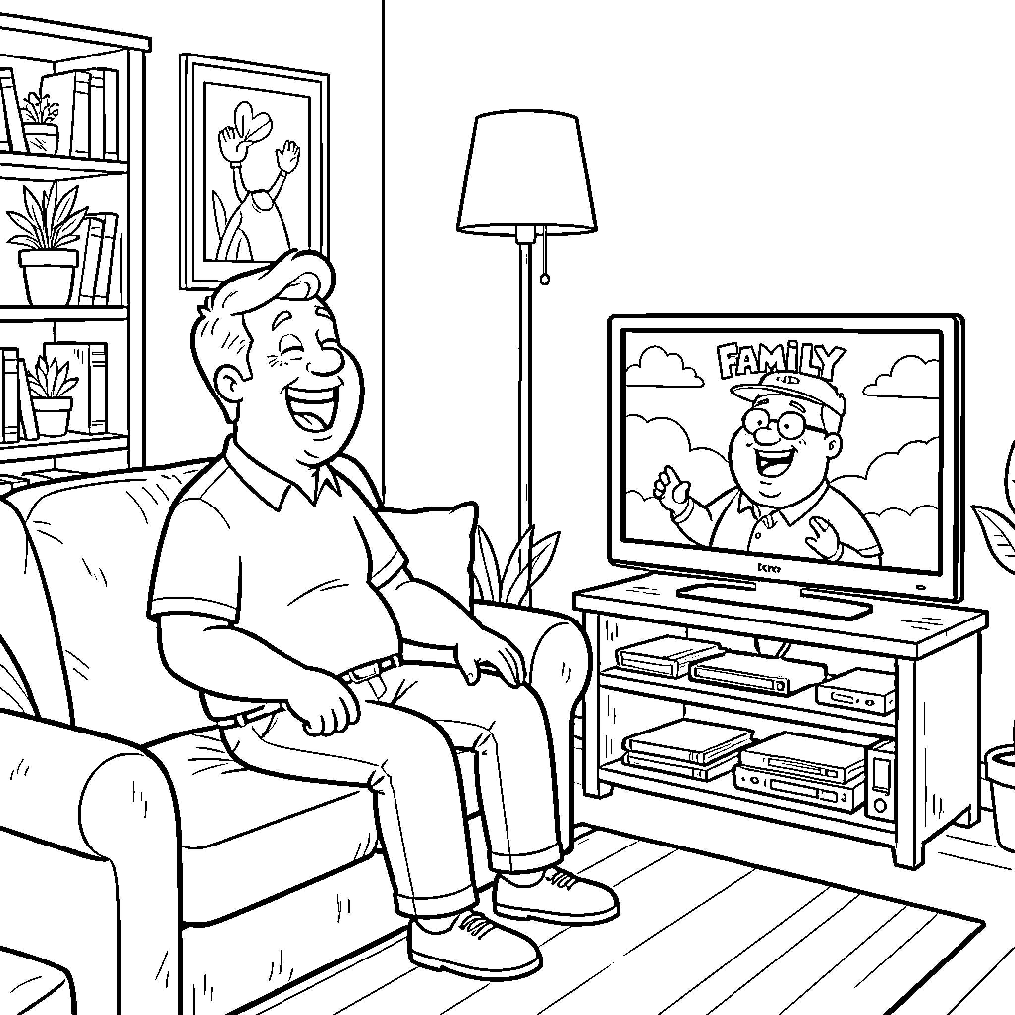 Guy watching TV happily in living room Coloring Page (free black-and-white line drawing printable PDF for all, from beginners to advanced learners, including children, teens, adults, and seniors)
