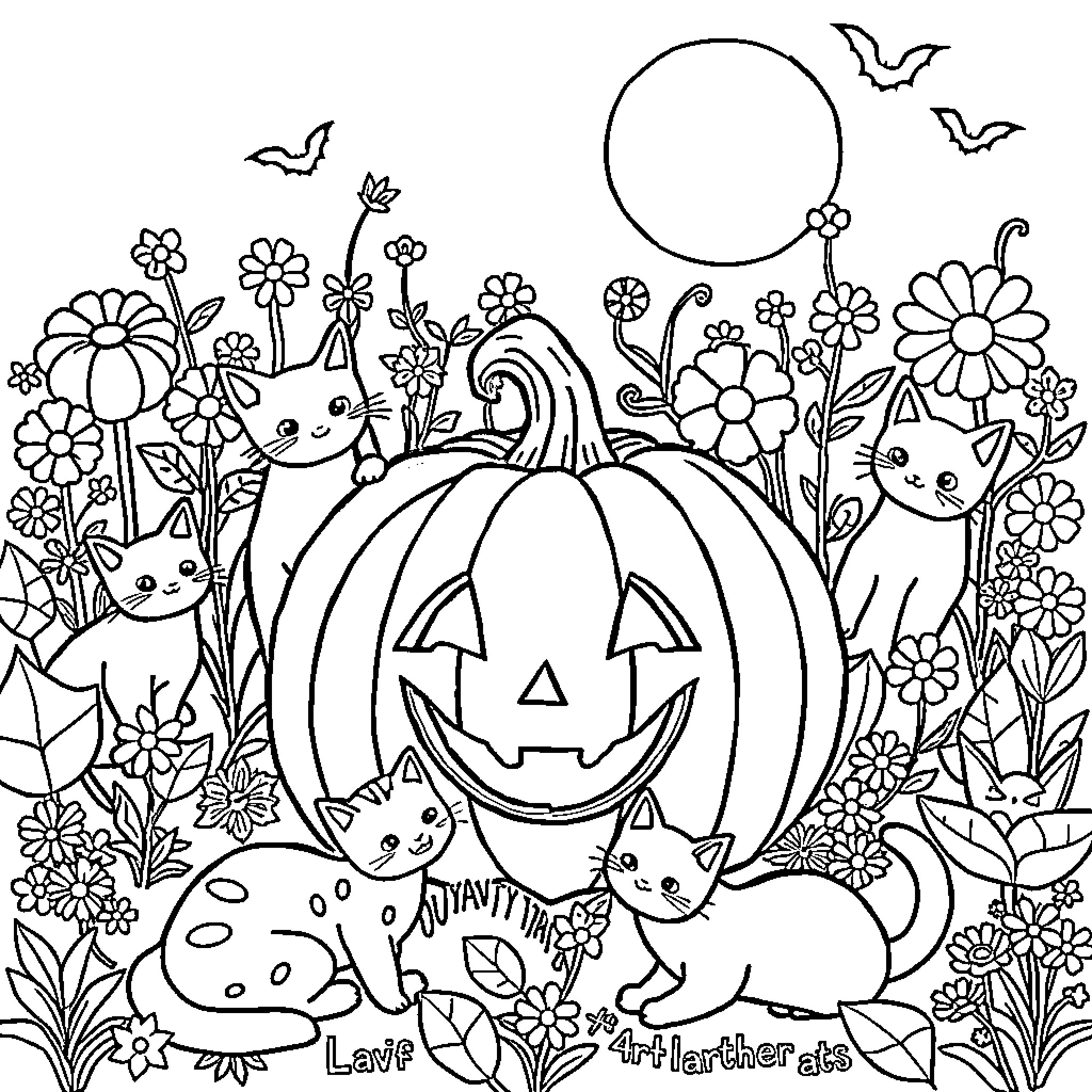 Pumpkin patch with cats and flowers Coloring Page (free black-and-white line drawing printable PDF for all, from beginners to advanced learners, including children, teens, adults, and seniors)