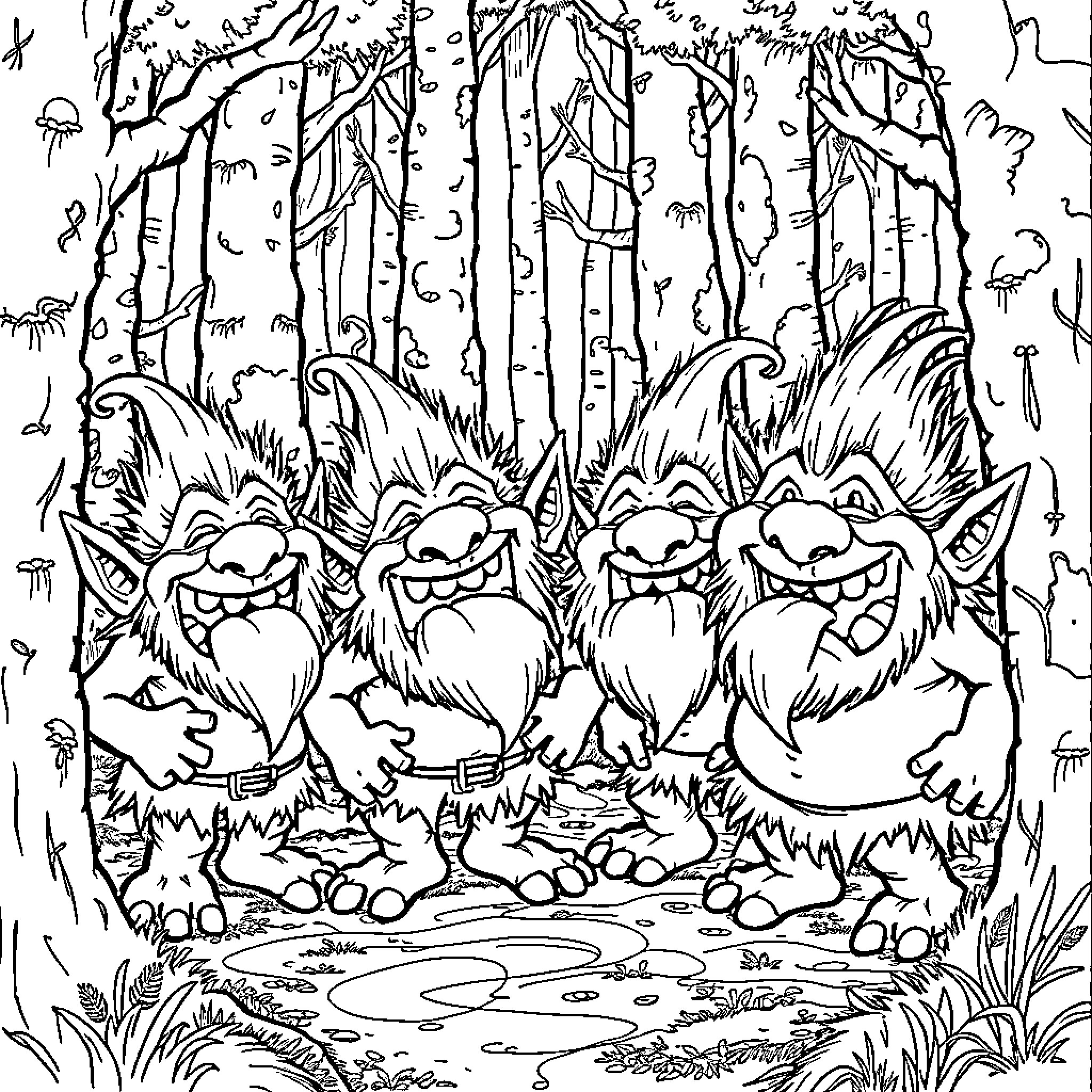 Troll Trolls Mischievously in the Enchanted Forest Coloring Page (free black-and-white line drawing printable PDF for all, from beginners to advanced learners, including children, teens, adults, and seniors)
