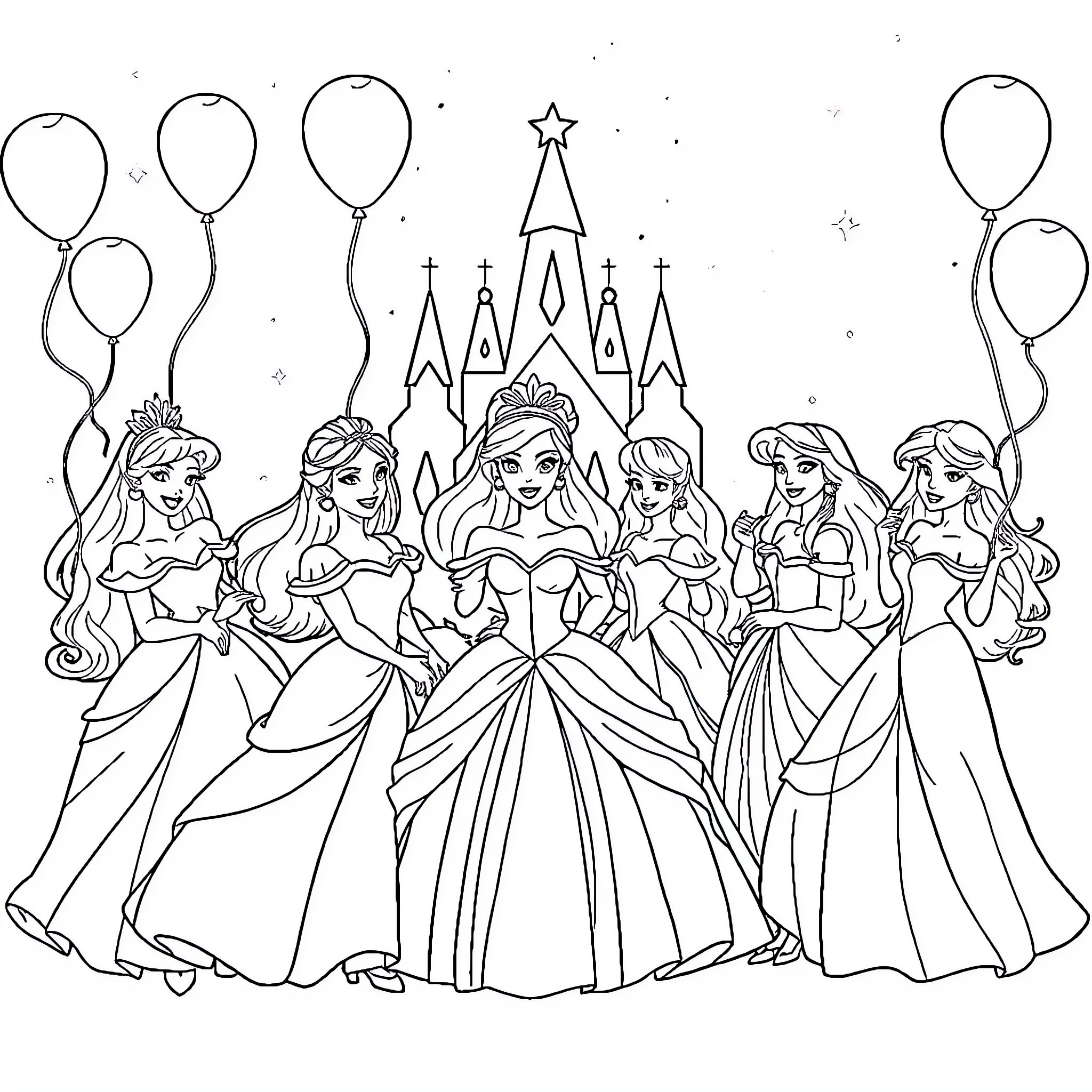 Princess Celebrating Magical Moments with Friends Coloring Page (free black-and-white line drawing printable PDF for all, from beginners to advanced learners, including children, teens, adults, and seniors)