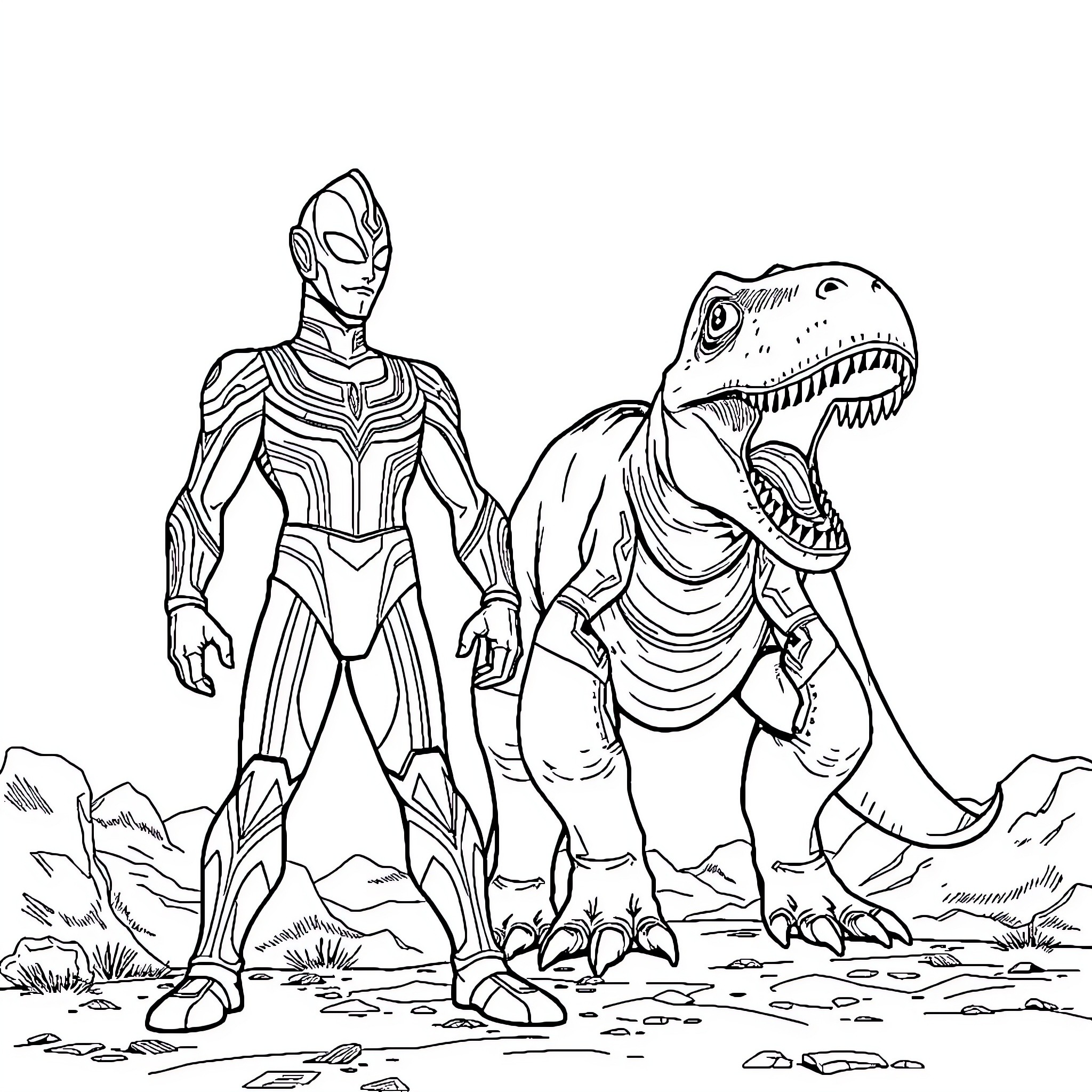 Ultraman battling a fierce dinosaur creature Coloring Page (free black-and-white line drawing printable PDF for all, from beginners to advanced learners, including children, teens, adults, and seniors)