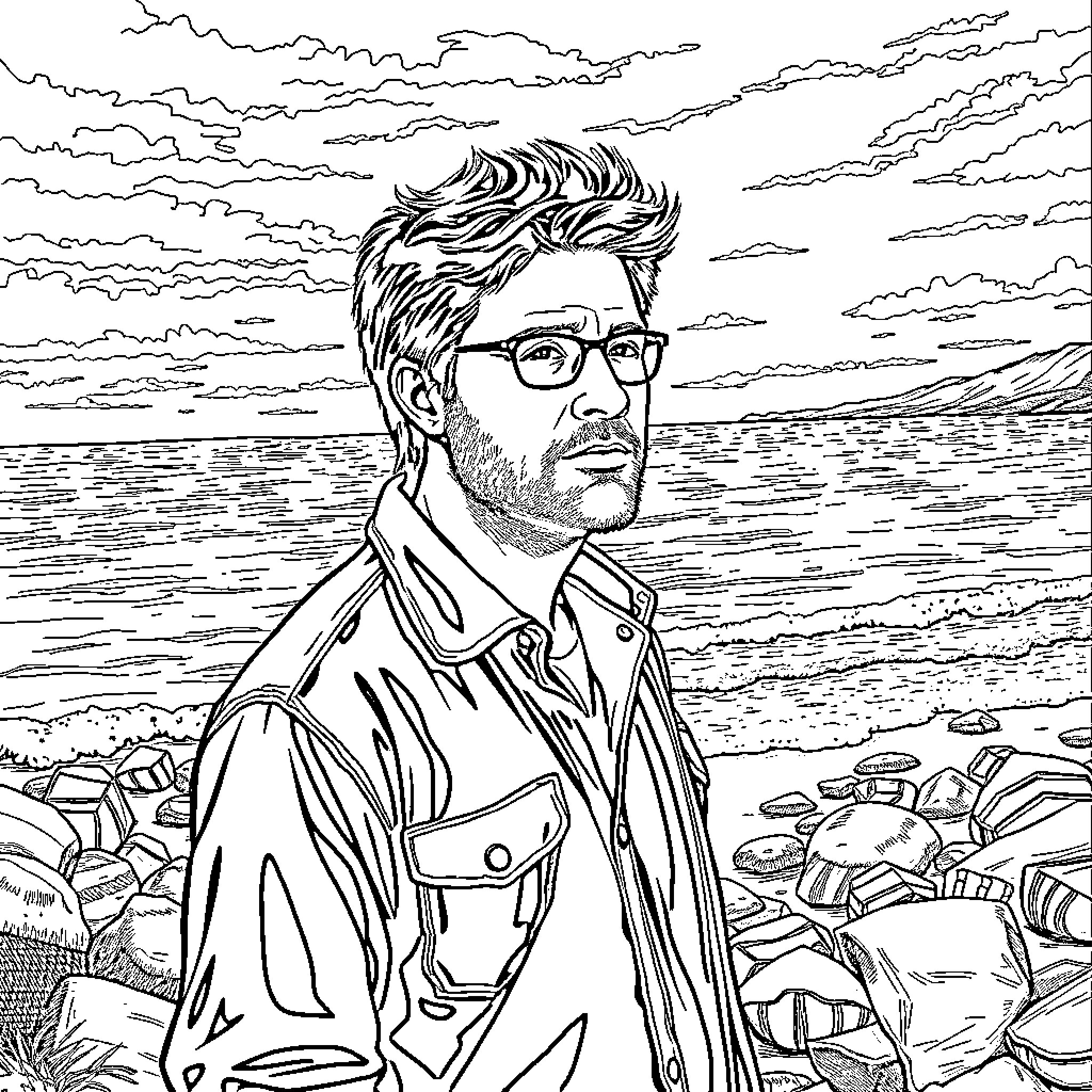 Michael Bay's Dramatic Ocean Exploration Coloring Page (free black-and-white line drawing printable PDF for all, from beginners to advanced learners, including children, teens, adults, and seniors)