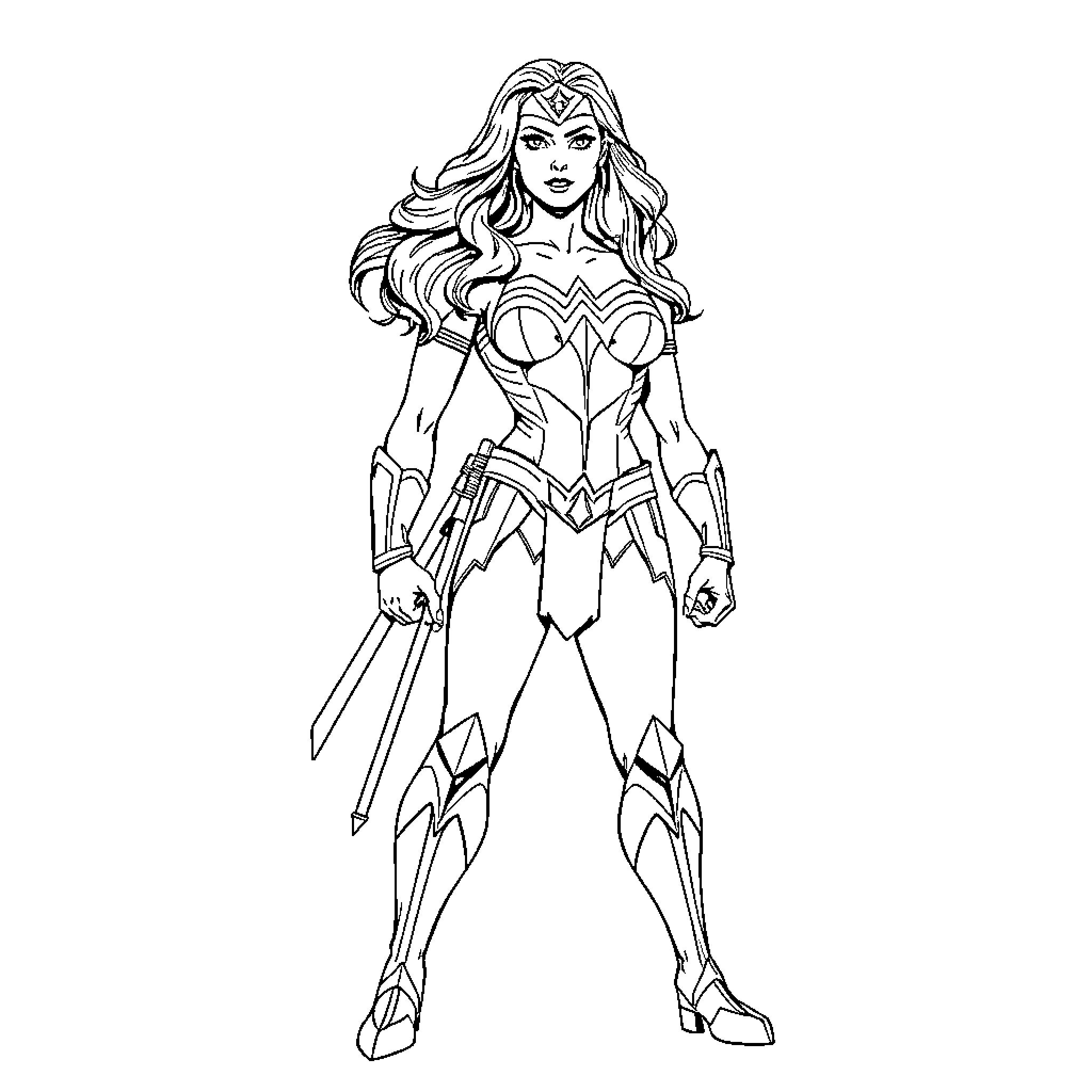 Wonder Woman in action stance with warrior attire Coloring Page (free black-and-white line drawing printable PDF for all, from beginners to advanced learners, including children, teens, adults, and seniors)