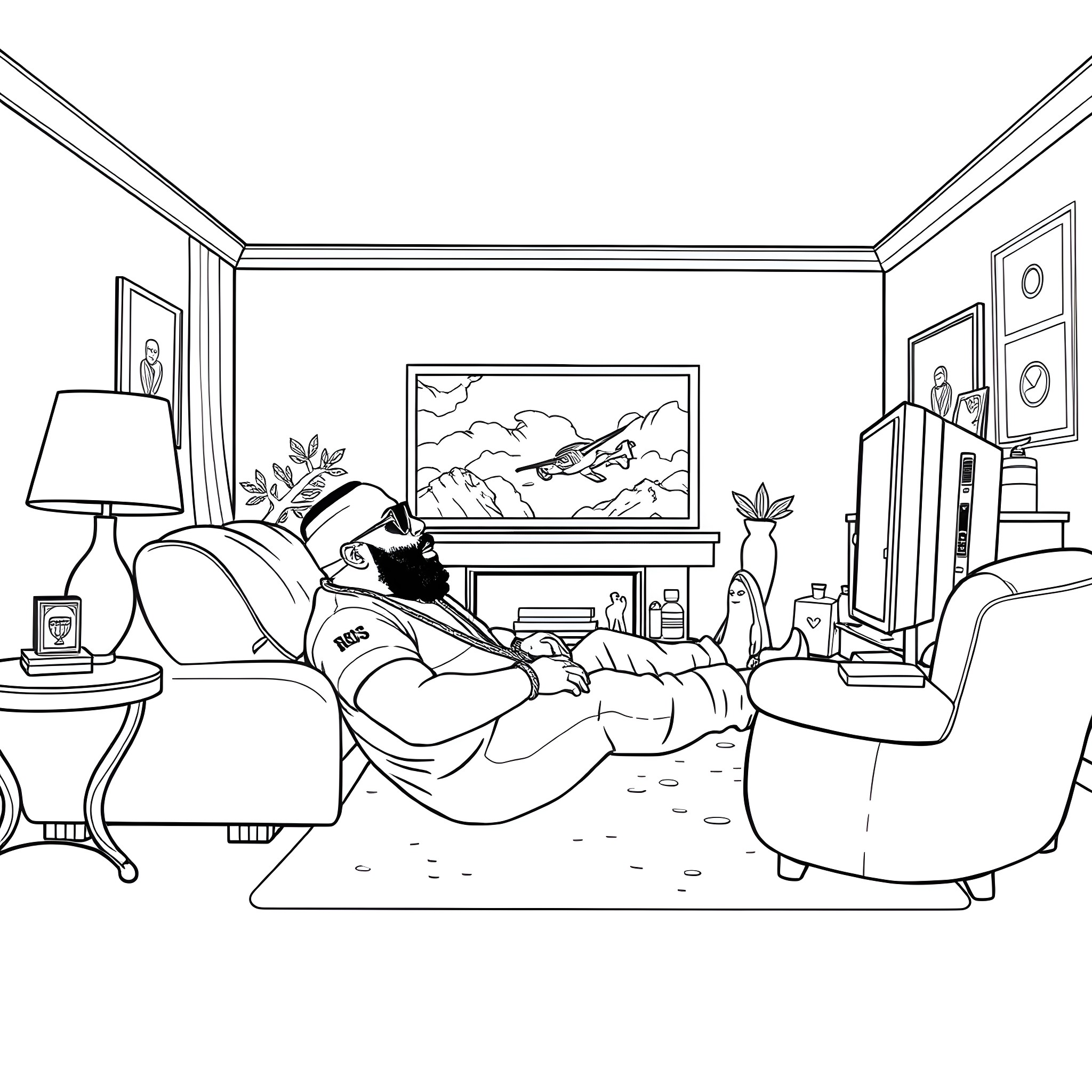 Rick Ross relaxing in his lavish home interior Coloring Page (free black-and-white line drawing printable PDF for all, from beginners to advanced learners, including children, teens, adults, and seniors)
