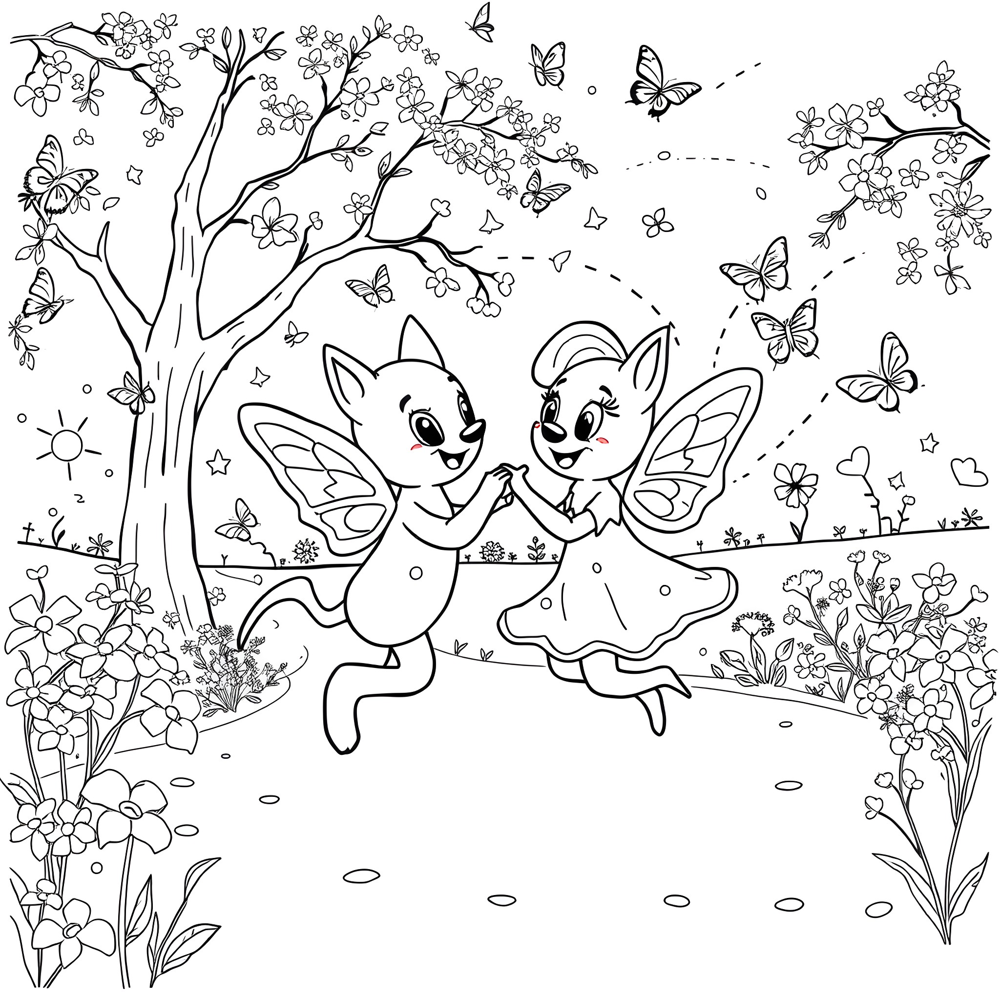 Bluey and Bingo play joyfully with butterflies in the enchanting forest Coloring Page (free black-and-white line drawing printable PDF for all, from beginners to advanced learners, including children, teens, adults, and seniors)