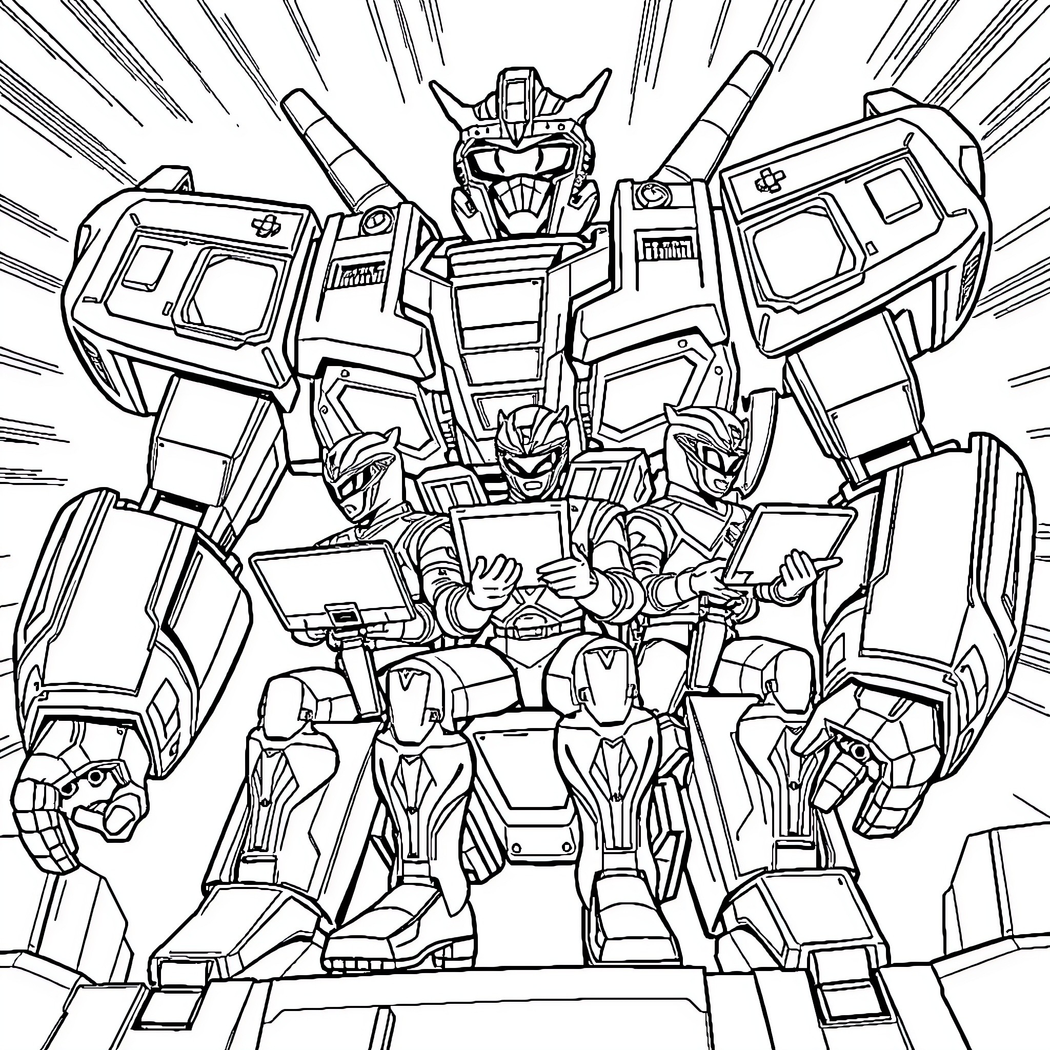 Megazord Heroic Transformation in Action Coloring Page (free black-and-white line drawing printable PDF for all, from beginners to advanced learners, including children, teens, adults, and seniors)