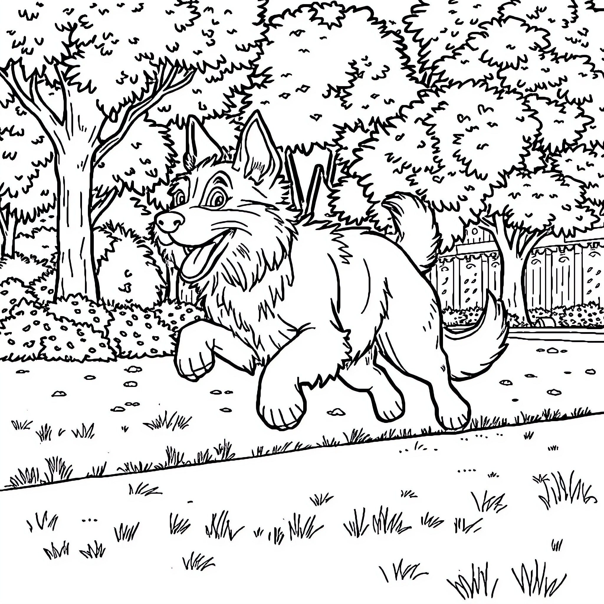 Dog exploring the forest Coloring Page (free black-and-white line drawing printable PDF for all, from beginners to advanced learners, including children, teens, adults, and seniors)