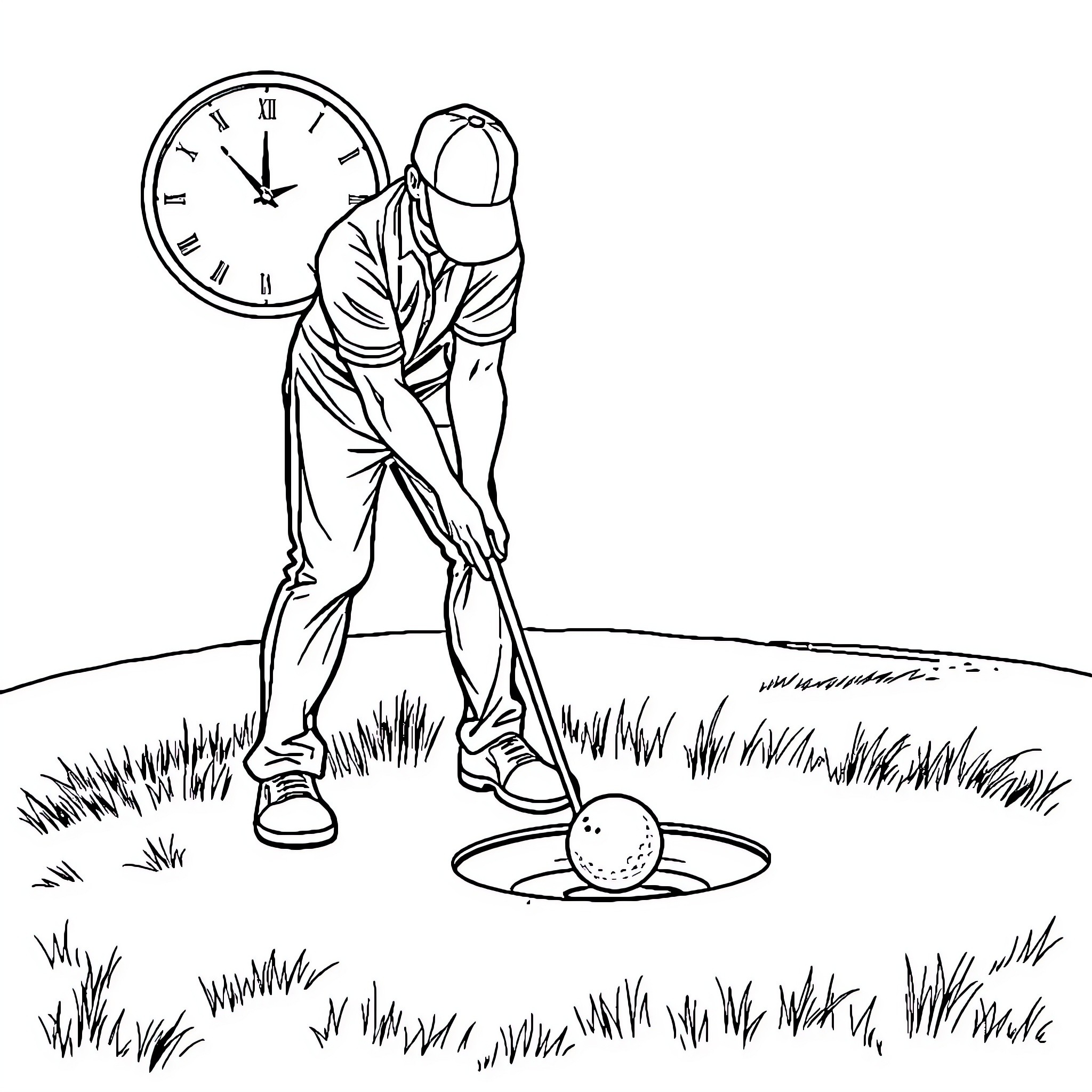 Golfer Teeing Off on the Green Coloring Page (free black-and-white line drawing printable PDF for all, from beginners to advanced learners, including children, teens, adults, and seniors)