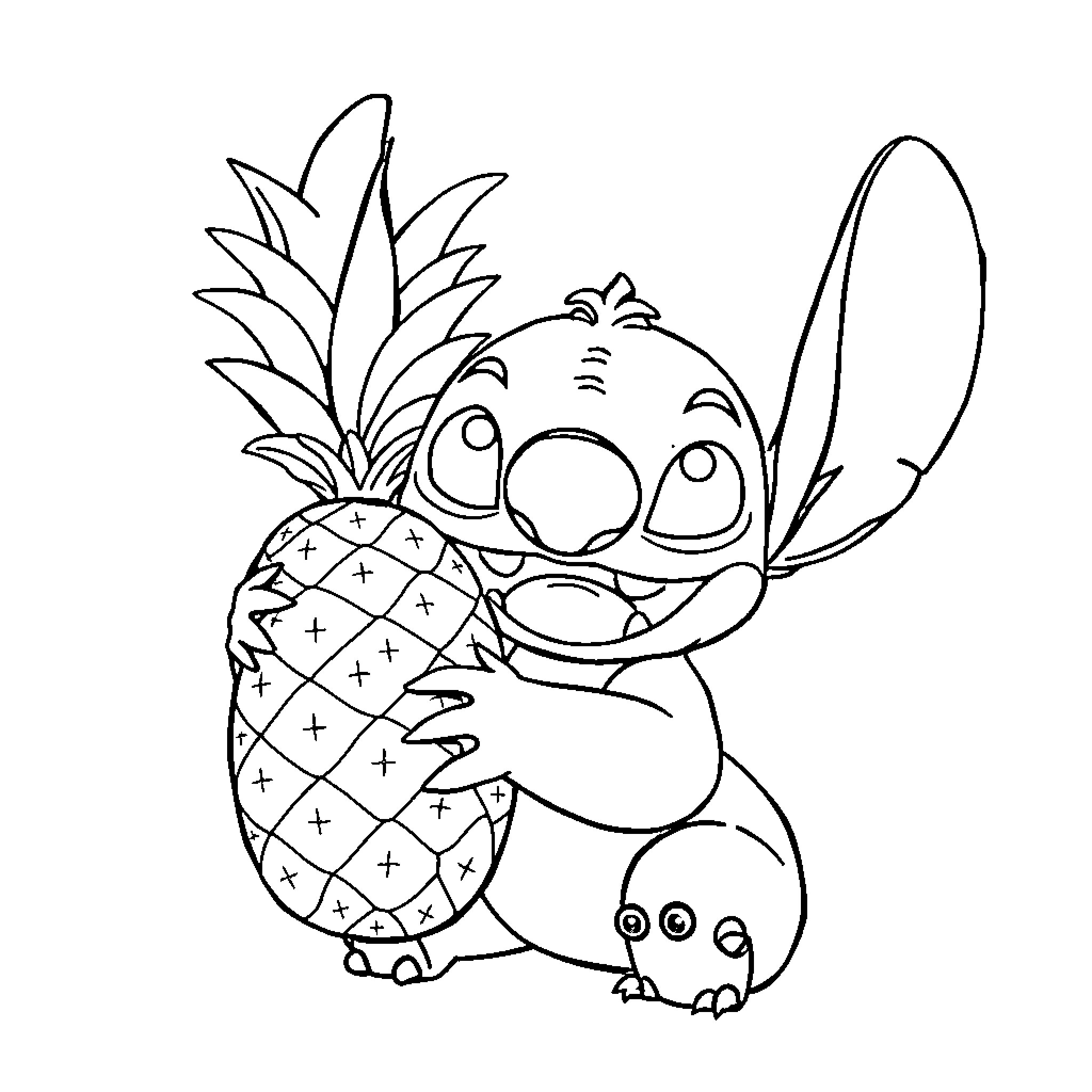 Stitch hugging a pineapple with an excited expression Coloring Page (free black-and-white line drawing printable PDF for all, from beginners to advanced learners, including children, teens, adults, and seniors)
