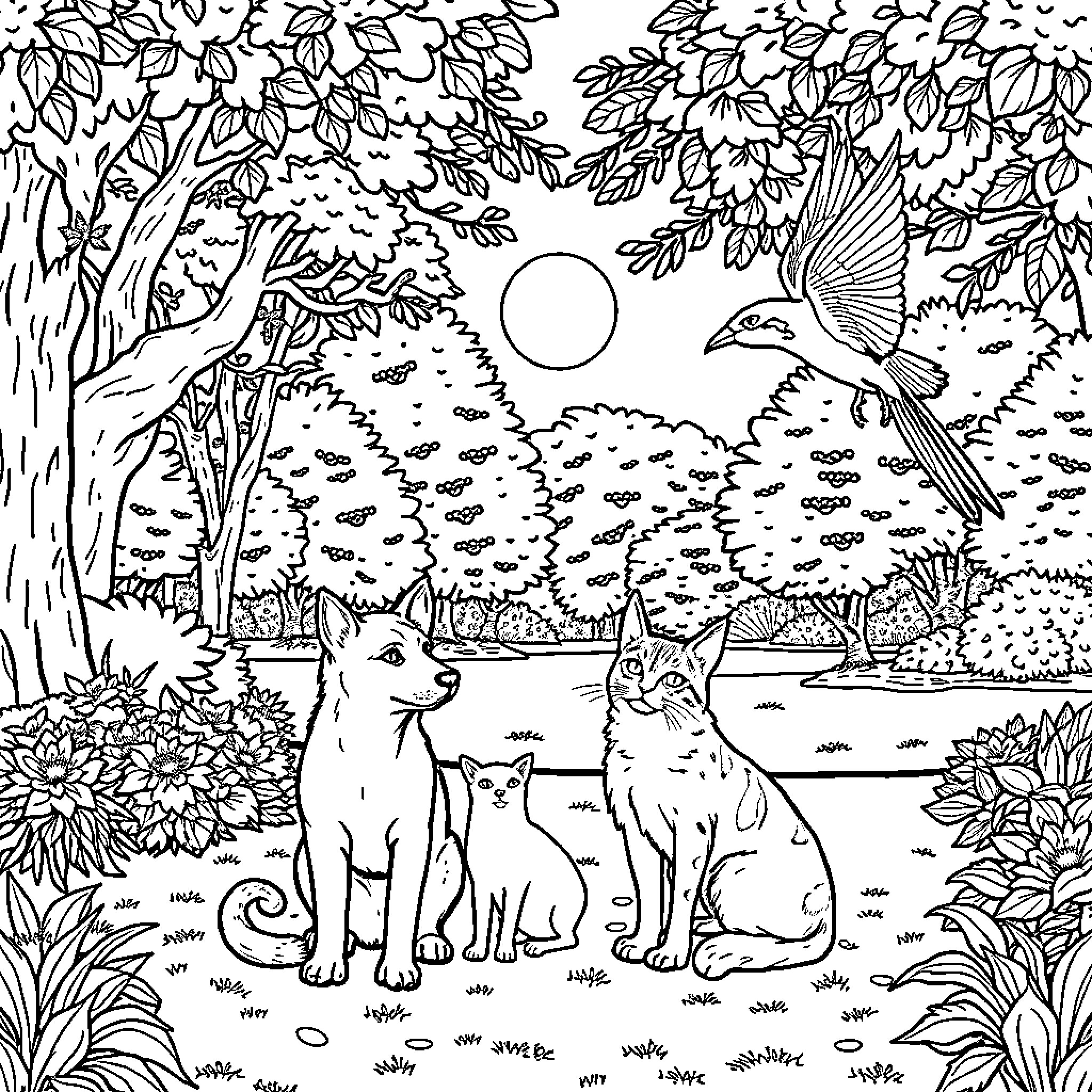Animal family in natural setting Coloring Page (free black-and-white line drawing printable PDF for all, from beginners to advanced learners, including children, teens, adults, and seniors)