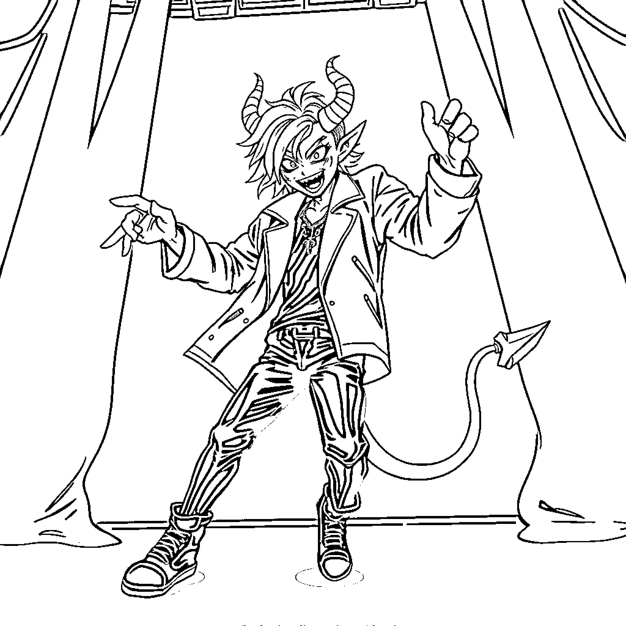 Demon performer on a stage with dramatic curtains Coloring Page (free black-and-white line drawing printable PDF for all, from beginners to advanced learners, including children, teens, adults, and seniors)