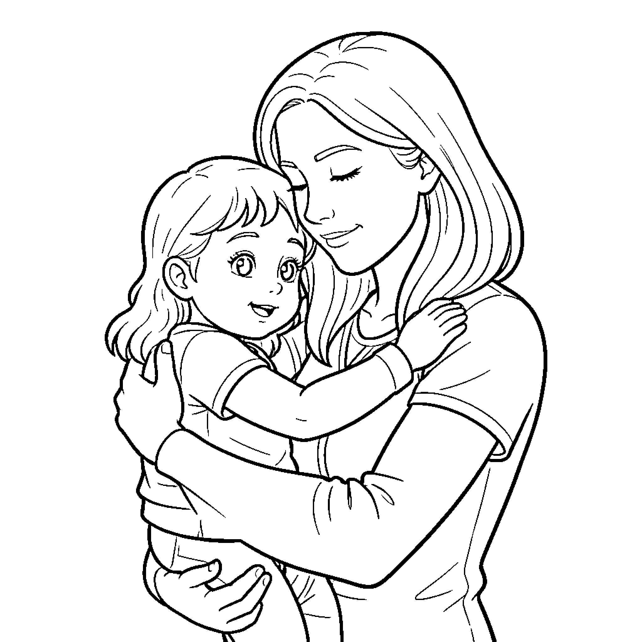 Mother giving a warm hug to her young daughter Coloring Page (free black-and-white line drawing printable PDF for all, from beginners to advanced learners, including children, teens, adults, and seniors)