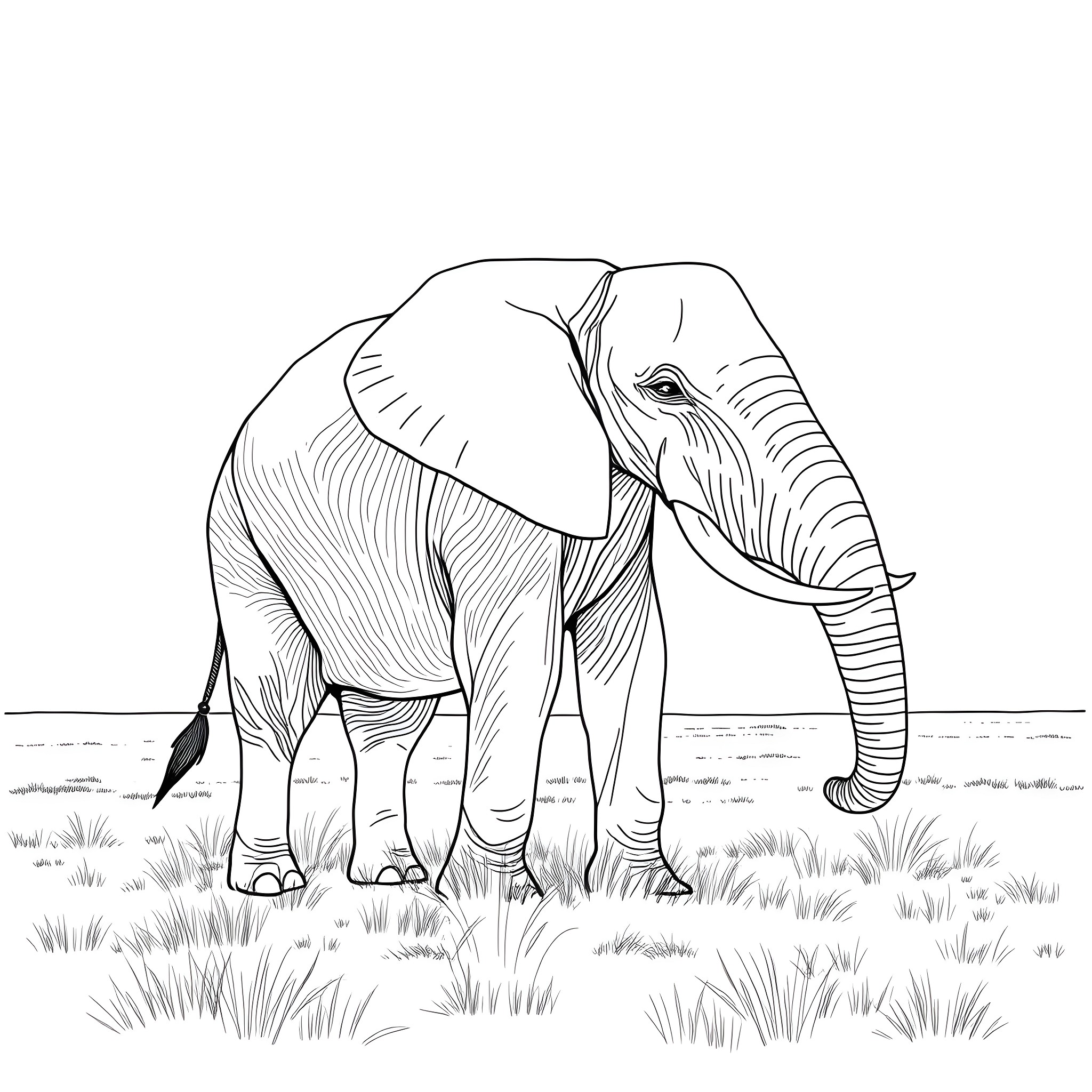 Elephant Foraging in the Grassland Coloring Page (free black-and-white line drawing printable PDF for all, from beginners to advanced learners, including children, teens, adults, and seniors)