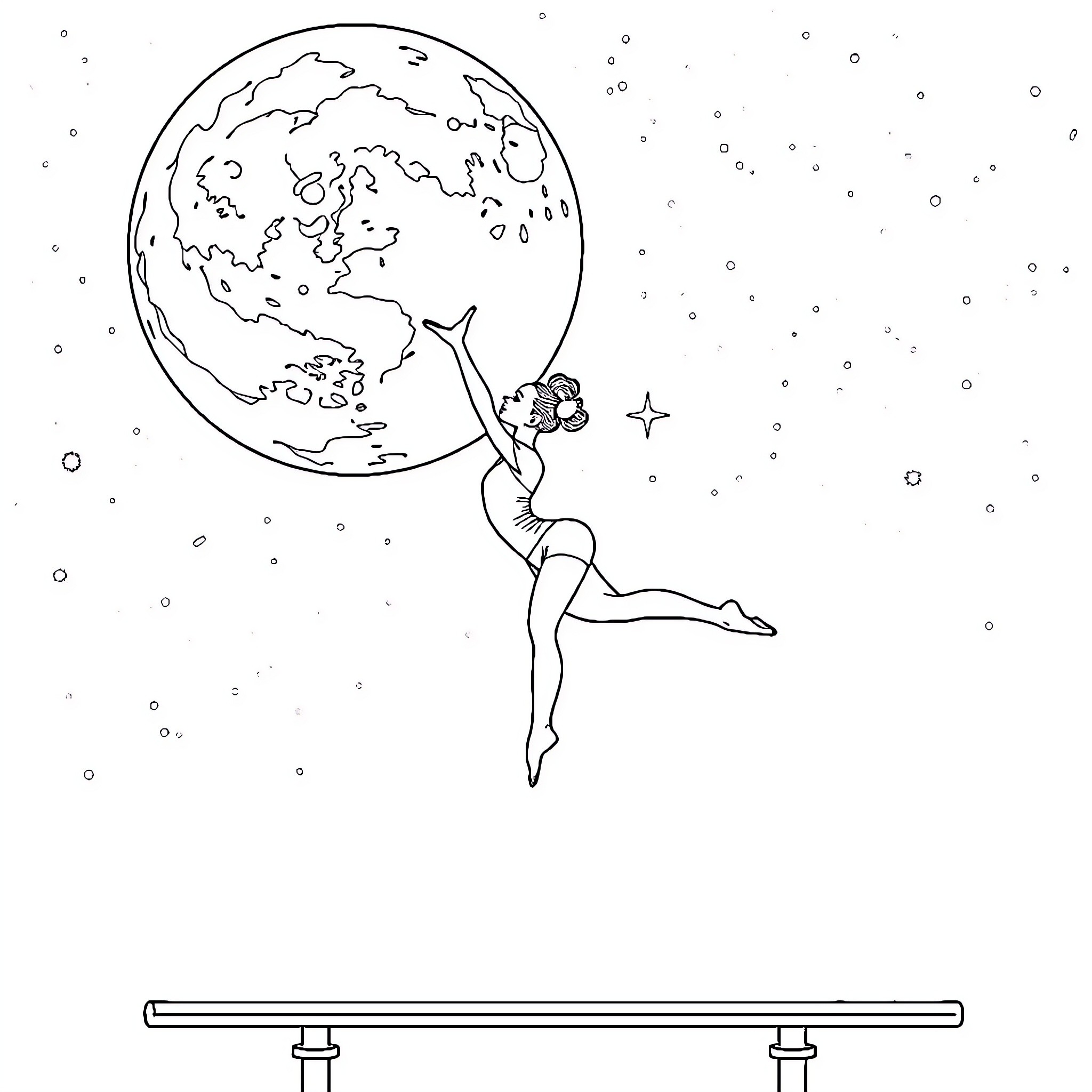 Gymnast performing graceful aerial routine against starry sky Coloring Page (free black-and-white line drawing printable PDF for all, from beginners to advanced learners, including children, teens, adults, and seniors)