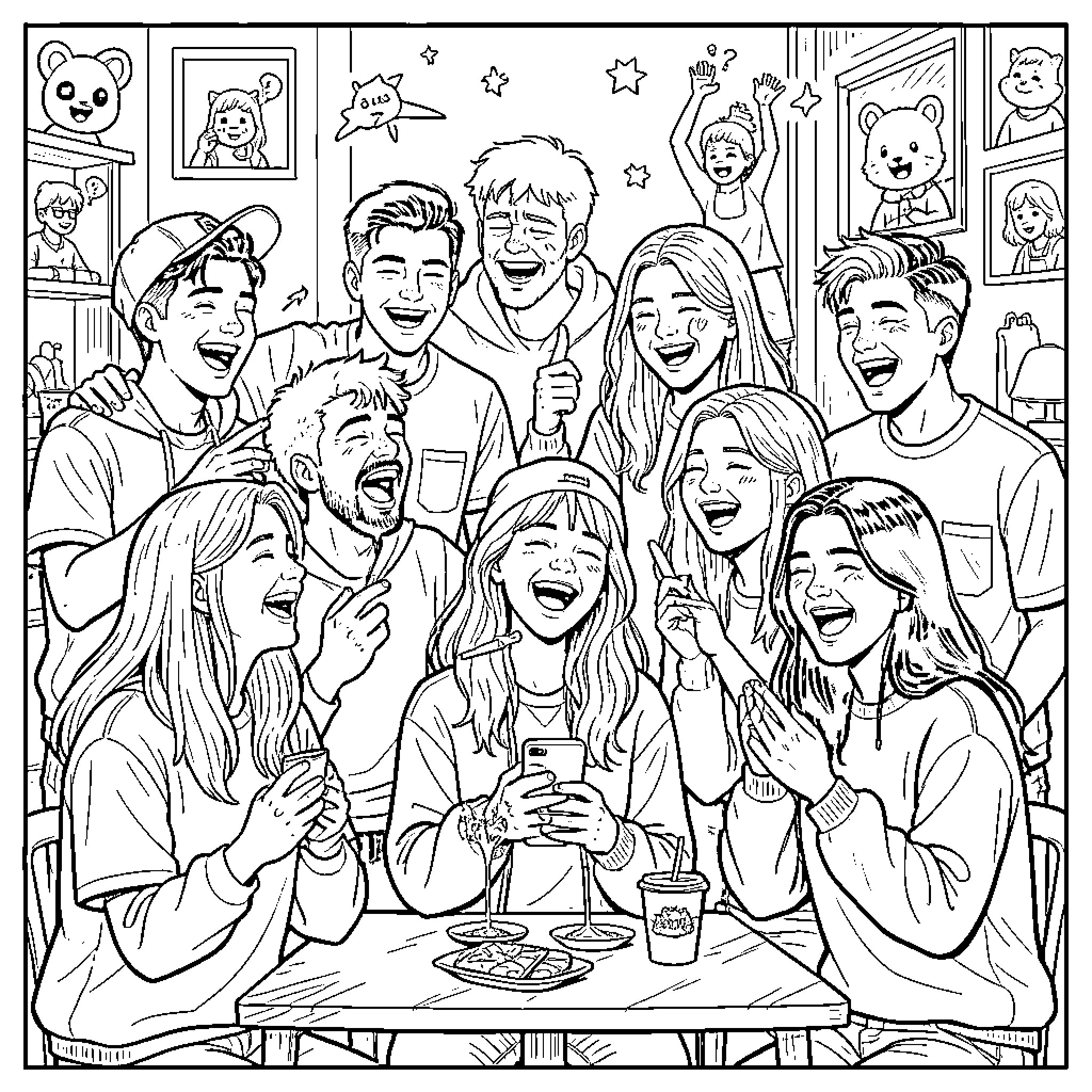Gen Z Friends Celebrating Together in Vibrant Outfits Coloring Page (free black-and-white line drawing printable PDF for all, from beginners to advanced learners, including children, teens, adults, and seniors)