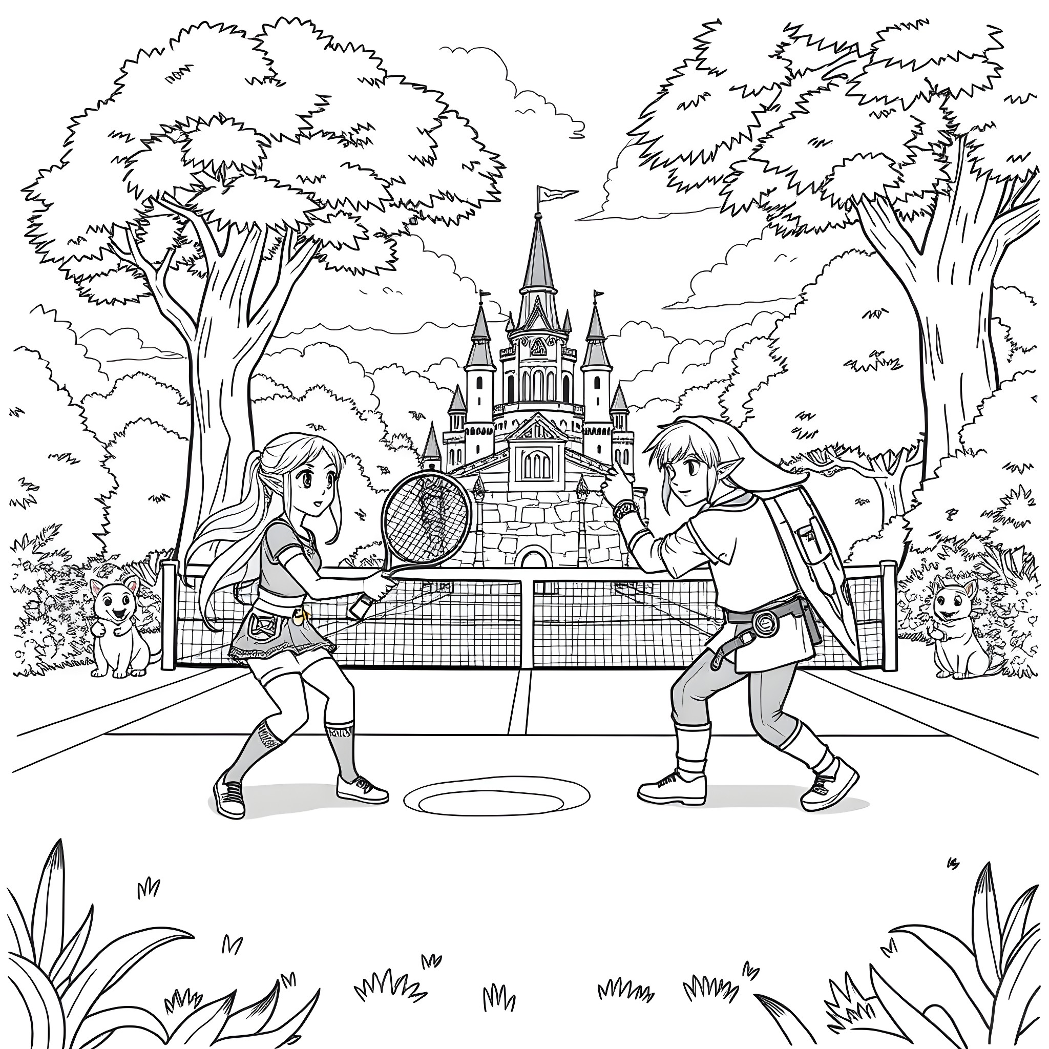 Zelda characters playing badminton in the royal garden Coloring Page (free black-and-white line drawing printable PDF for all, from beginners to advanced learners, including children, teens, adults, and seniors)