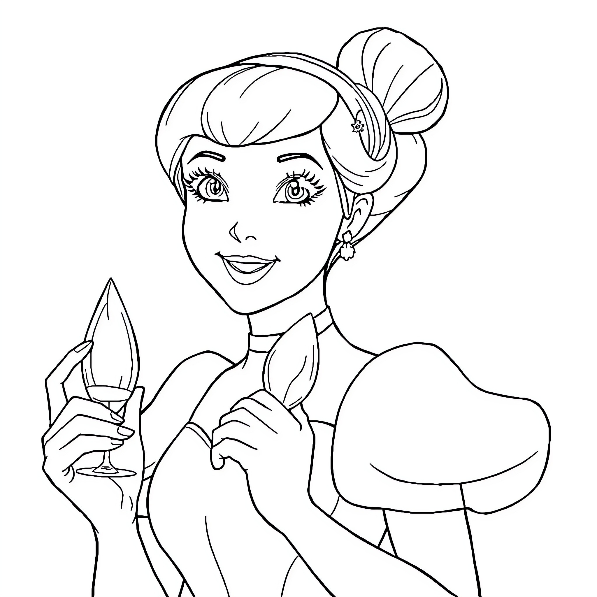 Cinderella preparing for the ball with glass slipper Coloring Page (free black-and-white line drawing printable PDF for all, from beginners to advanced learners, including children, teens, adults, and seniors)