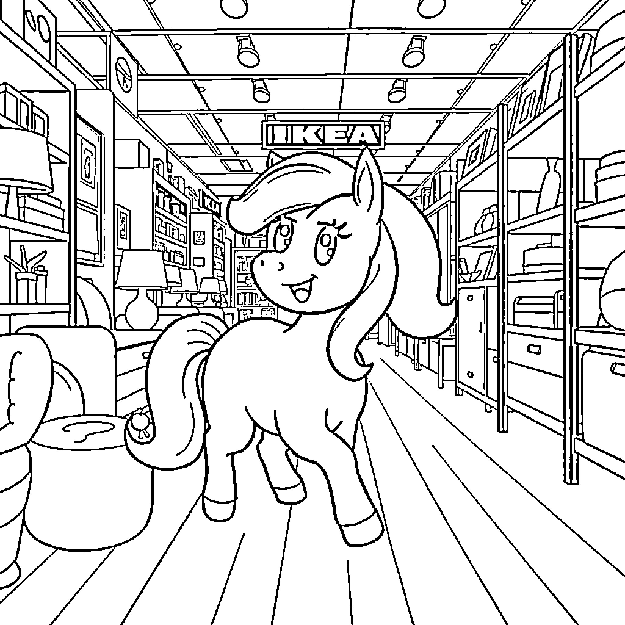 Ponny exploring a store filled with toys and furniture Coloring Page (free black-and-white line drawing printable PDF for all, from beginners to advanced learners, including children, teens, adults, and seniors)