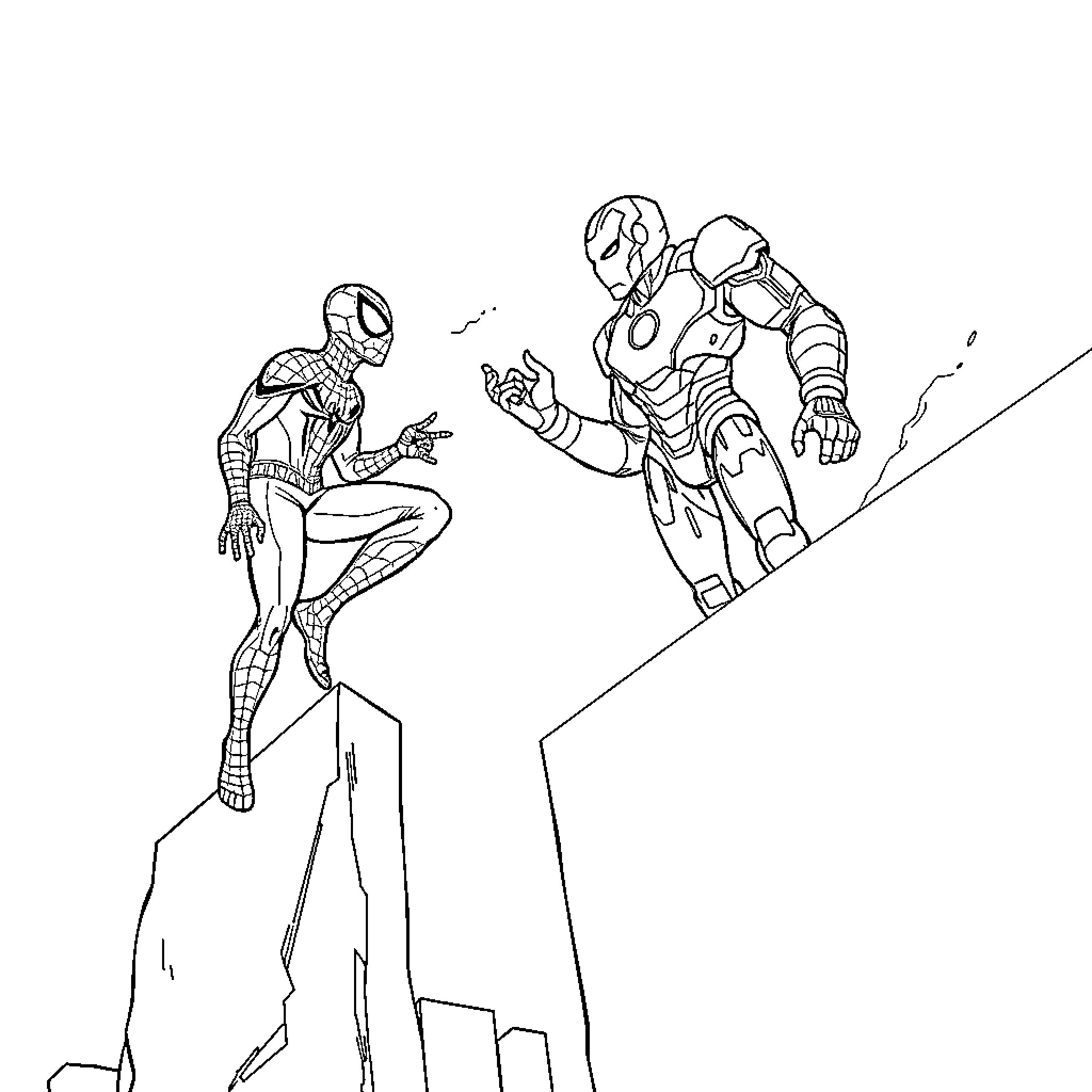 Spiderman and Iron Man battling in the city Coloring Page (free black-and-white line drawing printable PDF for all, from beginners to advanced learners, including children, teens, adults, and seniors)