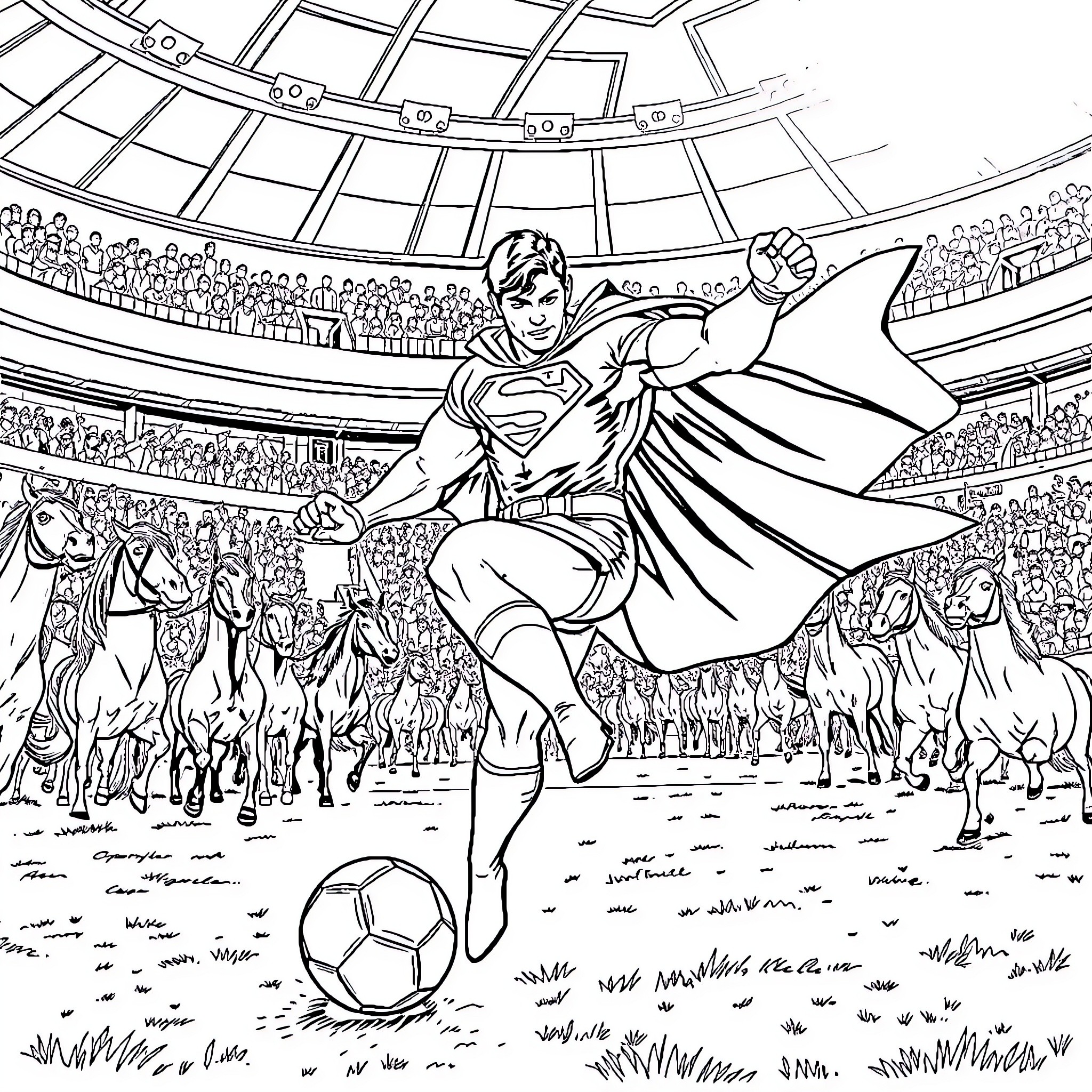 Superman performing superhuman feats in a crowded stadium Coloring Page (free black-and-white line drawing printable PDF for all, from beginners to advanced learners, including children, teens, adults, and seniors)