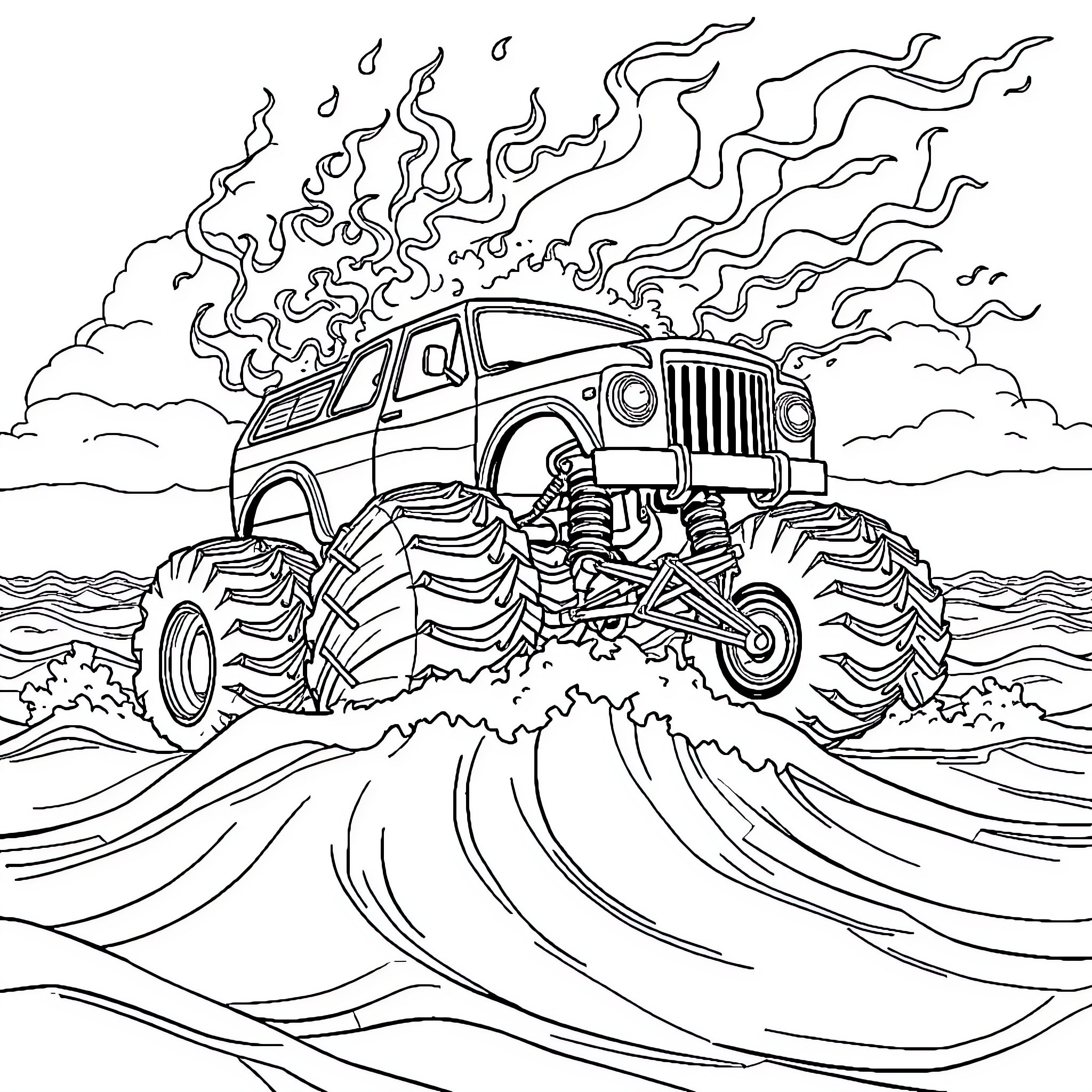 Monster Truck Conquering Rough Terrain Coloring Page (free black-and-white line drawing printable PDF for all, from beginners to advanced learners, including children, teens, adults, and seniors)