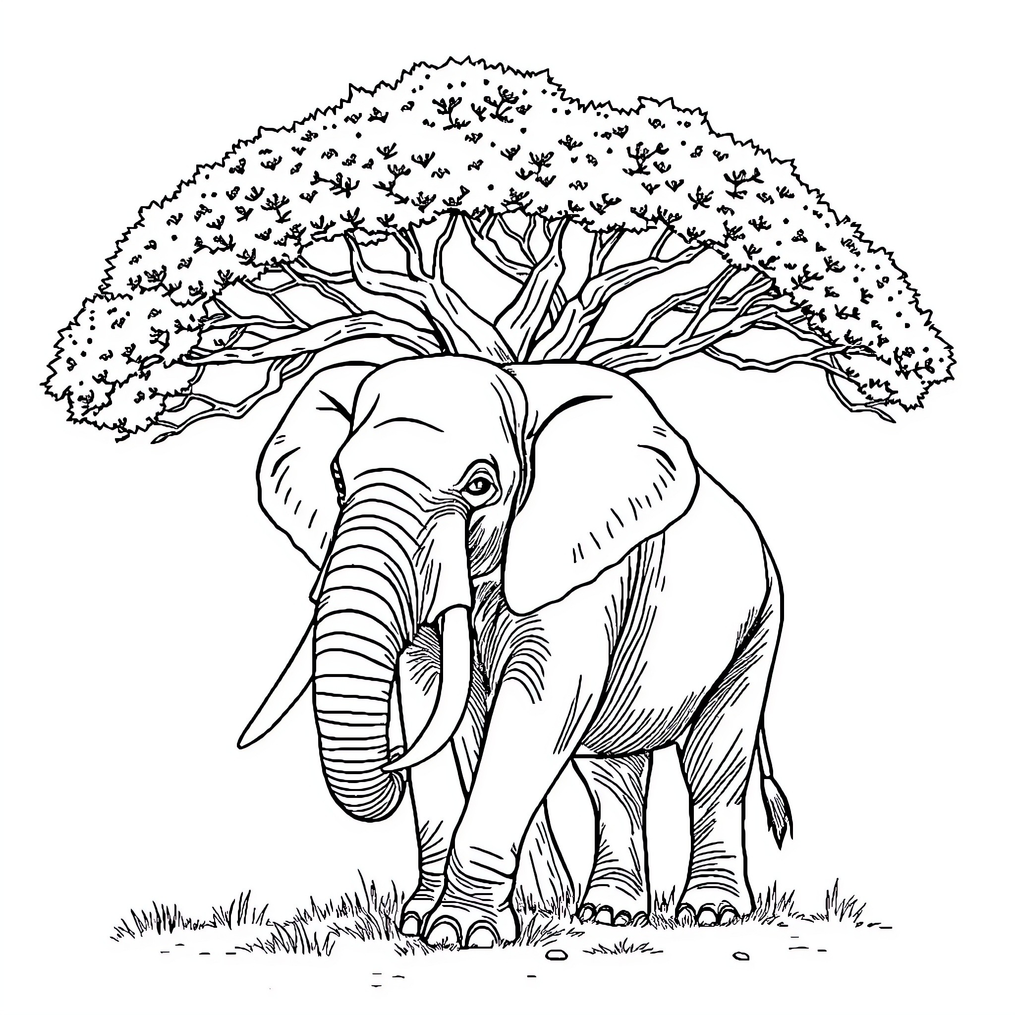 Elephant resting under a large tree Coloring Page (free black-and-white line drawing printable PDF for all, from beginners to advanced learners, including children, teens, adults, and seniors)