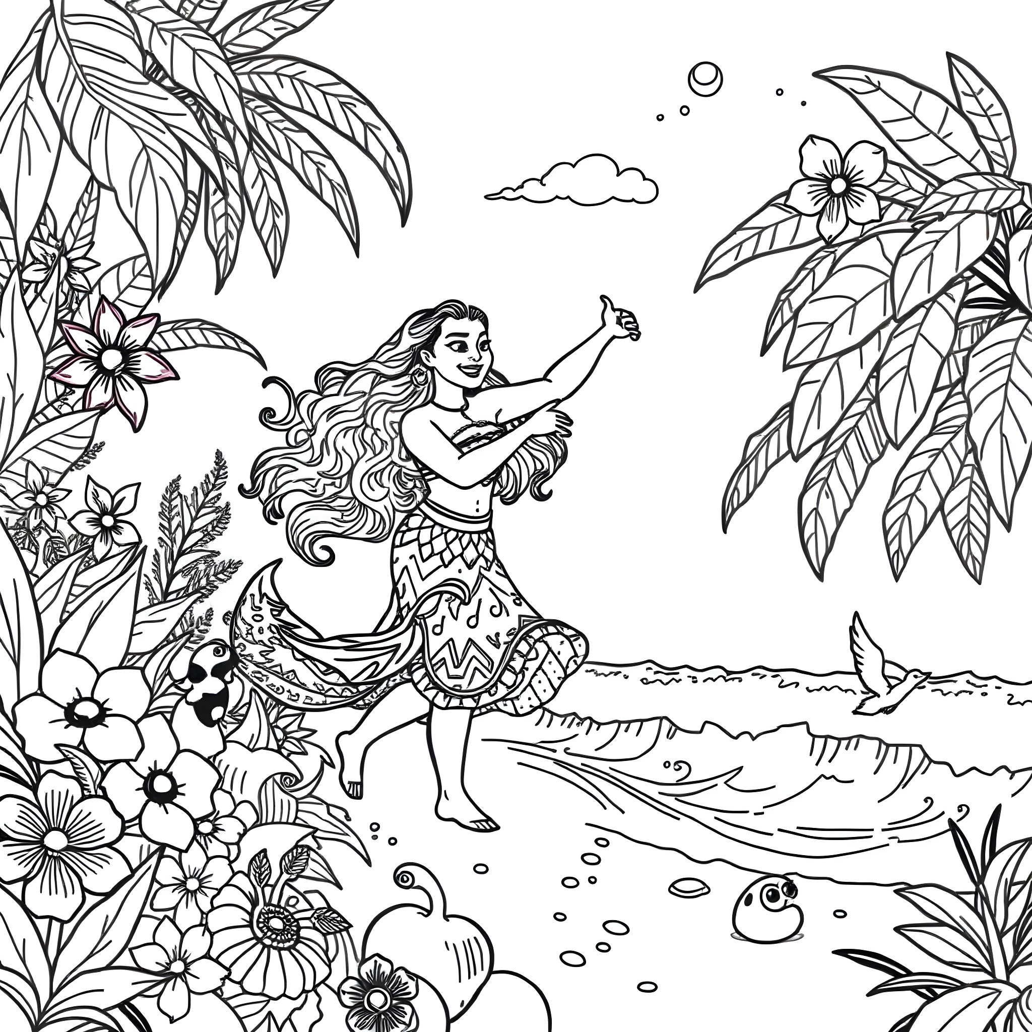 Moana exploring the tropical paradise with nature Coloring Page (free black-and-white line drawing printable PDF for all, from beginners to advanced learners, including children, teens, adults, and seniors)