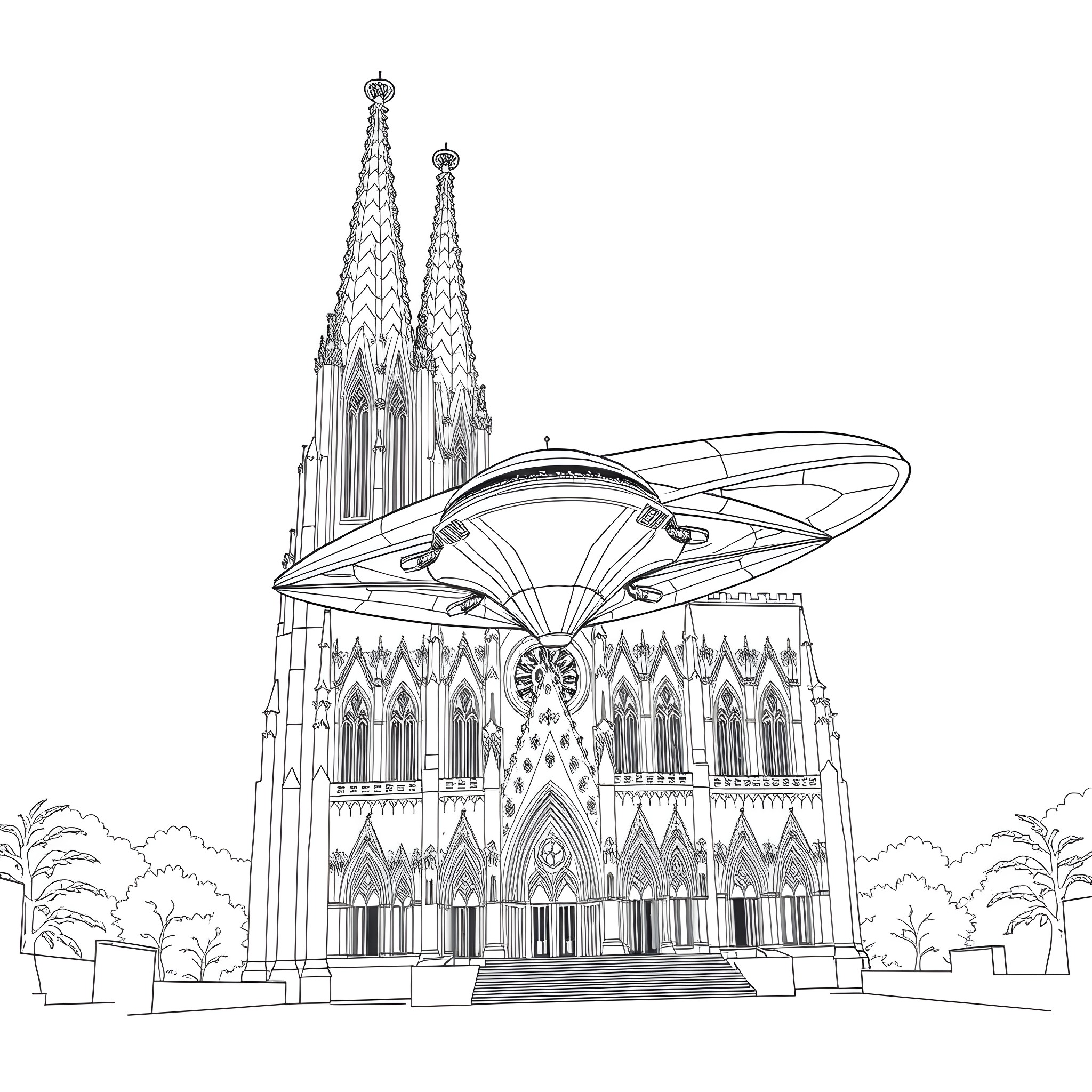 Alien architecture in a fantastical landscape Coloring Page (free black-and-white line drawing printable PDF for all, from beginners to advanced learners, including children, teens, adults, and seniors)