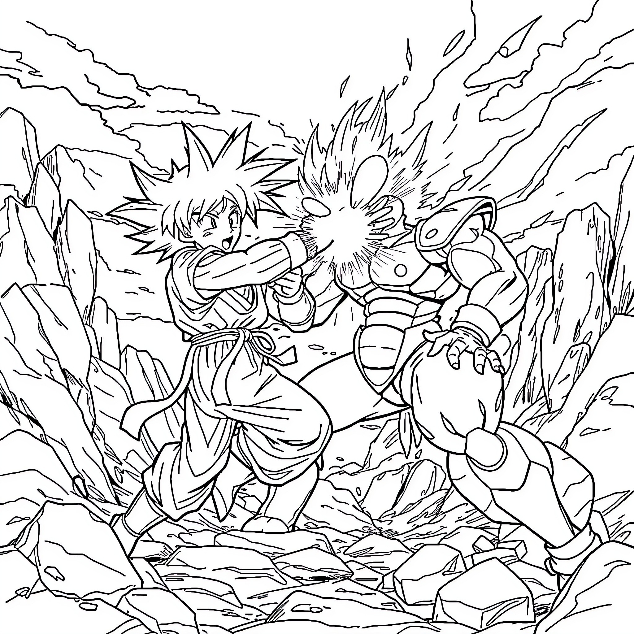Gohan facing off against a powerful opponent in an epic battle Coloring Page (free black-and-white line drawing printable PDF for all, from beginners to advanced learners, including children, teens, adults, and seniors)