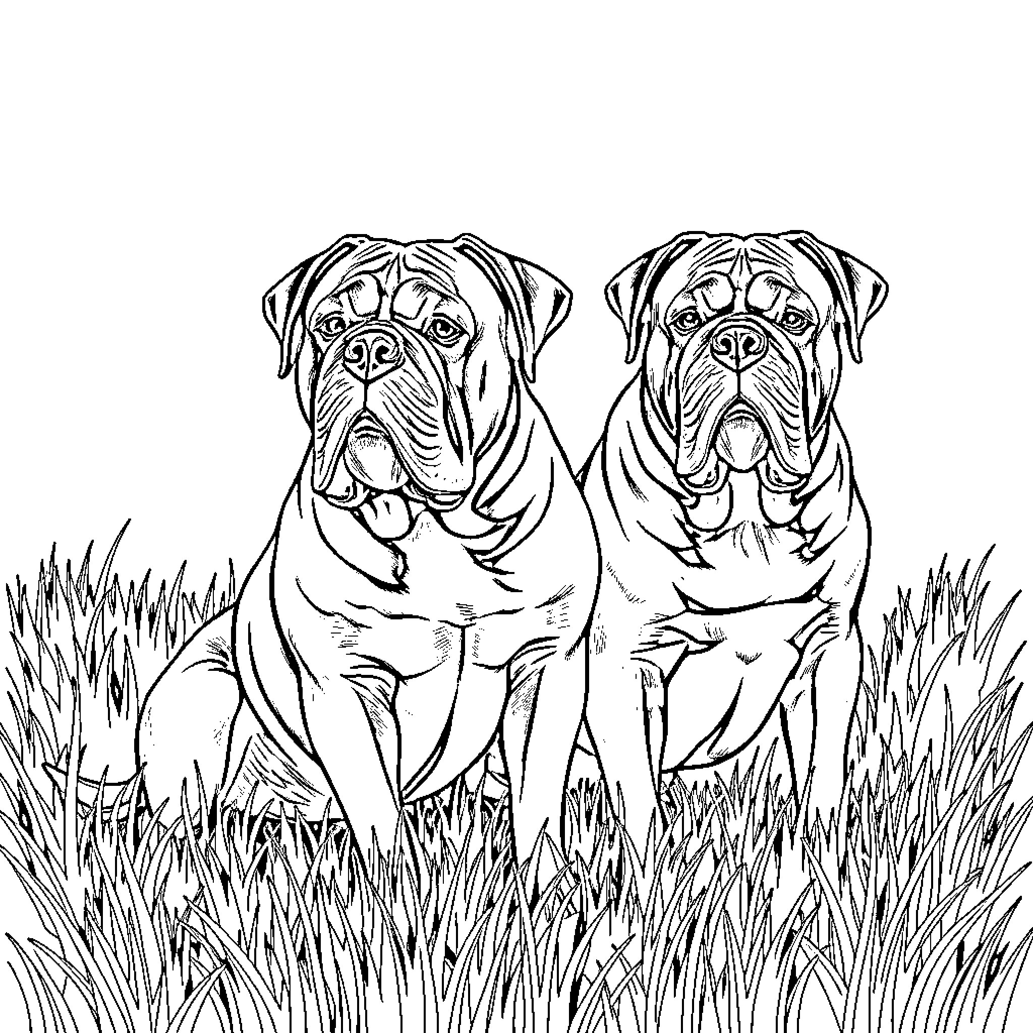 Bullmastiff duo enjoying the outdoors Coloring Page (free black-and-white line drawing printable PDF for all, from beginners to advanced learners, including children, teens, adults, and seniors)