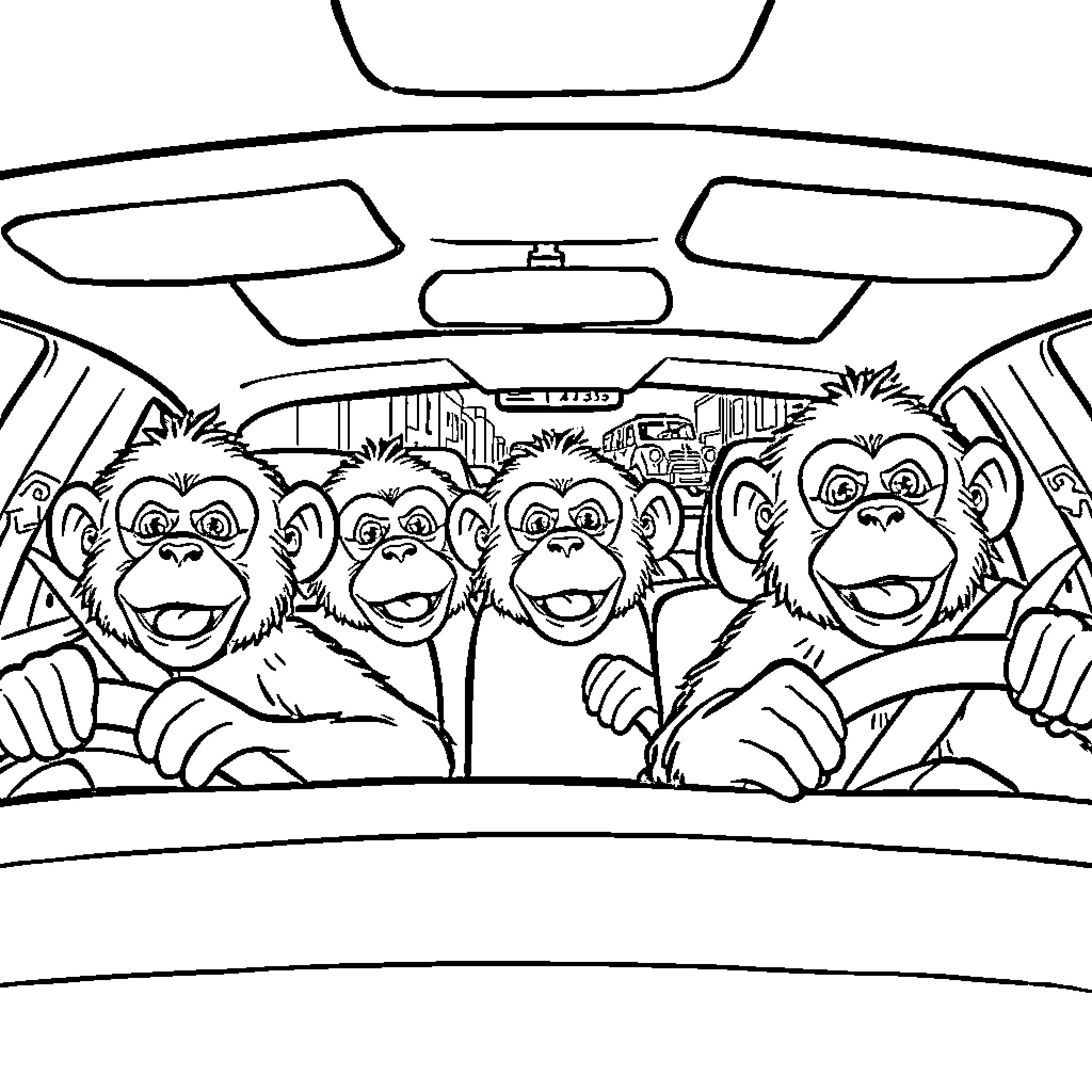 Monkey friends enjoying a joyful car ride Coloring Page (free black-and-white line drawing printable PDF for all, from beginners to advanced learners, including children, teens, adults, and seniors)