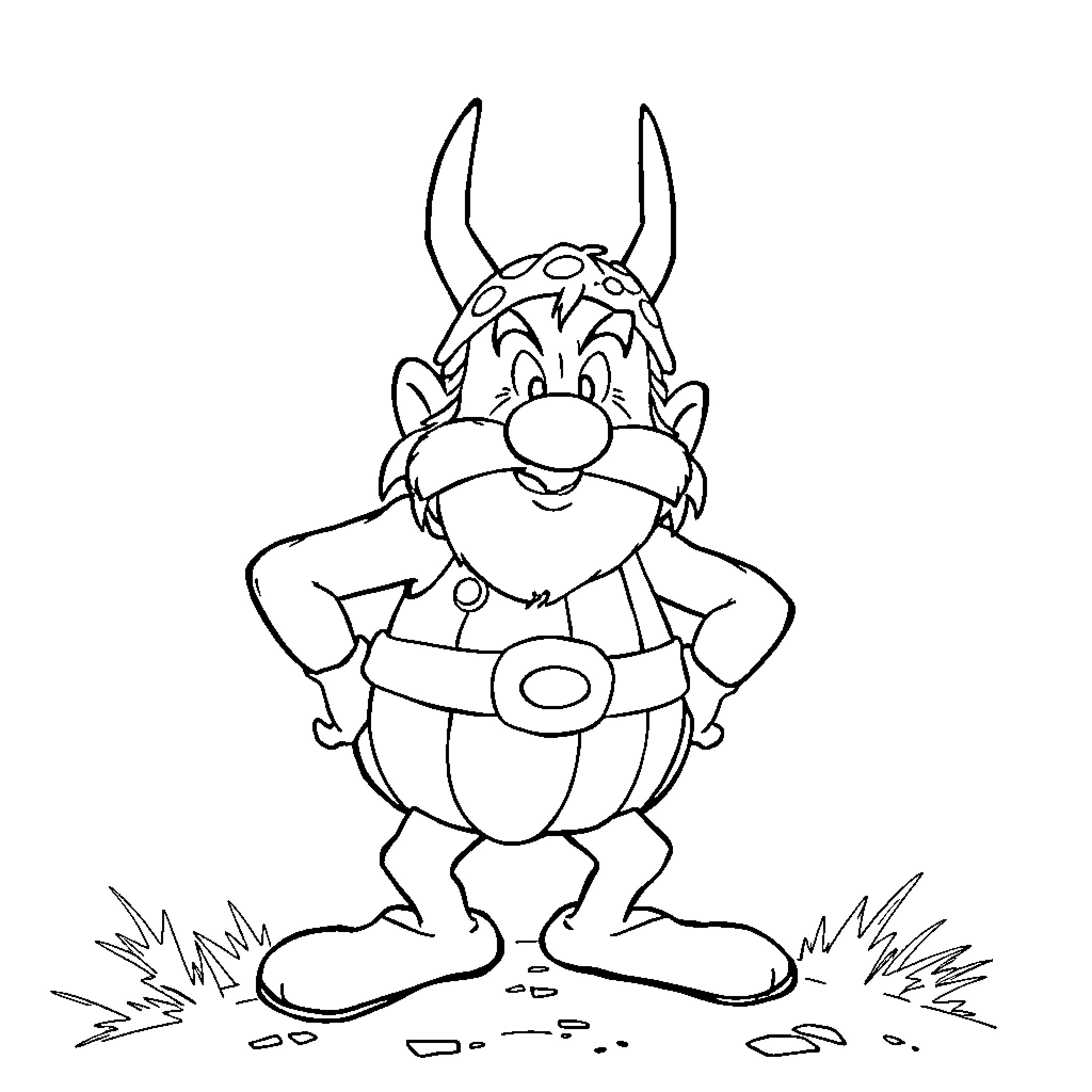 Asterix the Gaulish Warrior in Mischievous Pose Coloring Page (free black-and-white line drawing printable PDF for all, from beginners to advanced learners, including children, teens, adults, and seniors)
