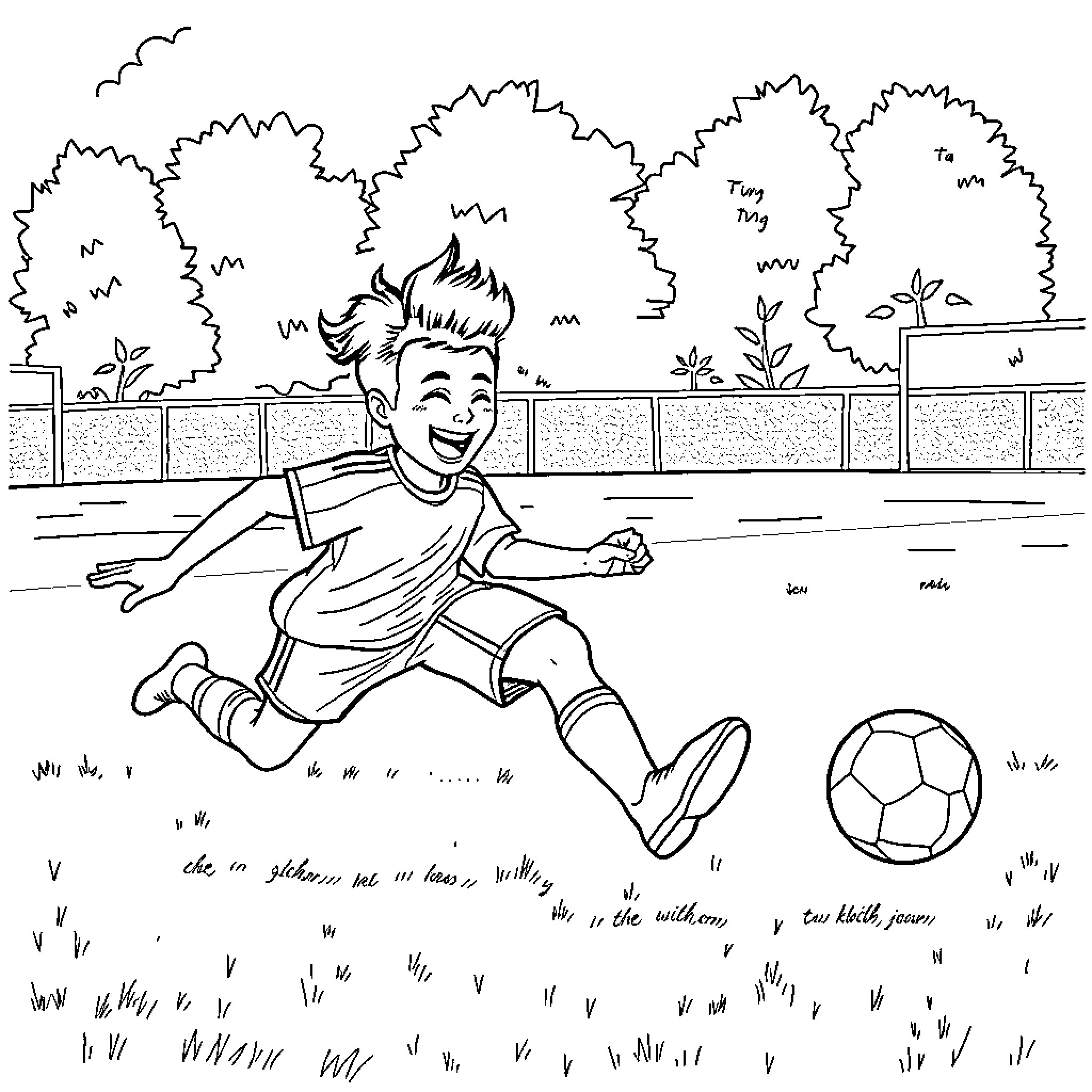 Tung Tung Tung Sahur: Boy Playing Soccer in Park Coloring Page (free black-and-white line drawing printable PDF for all, from beginners to advanced learners, including children, teens, adults, and seniors)