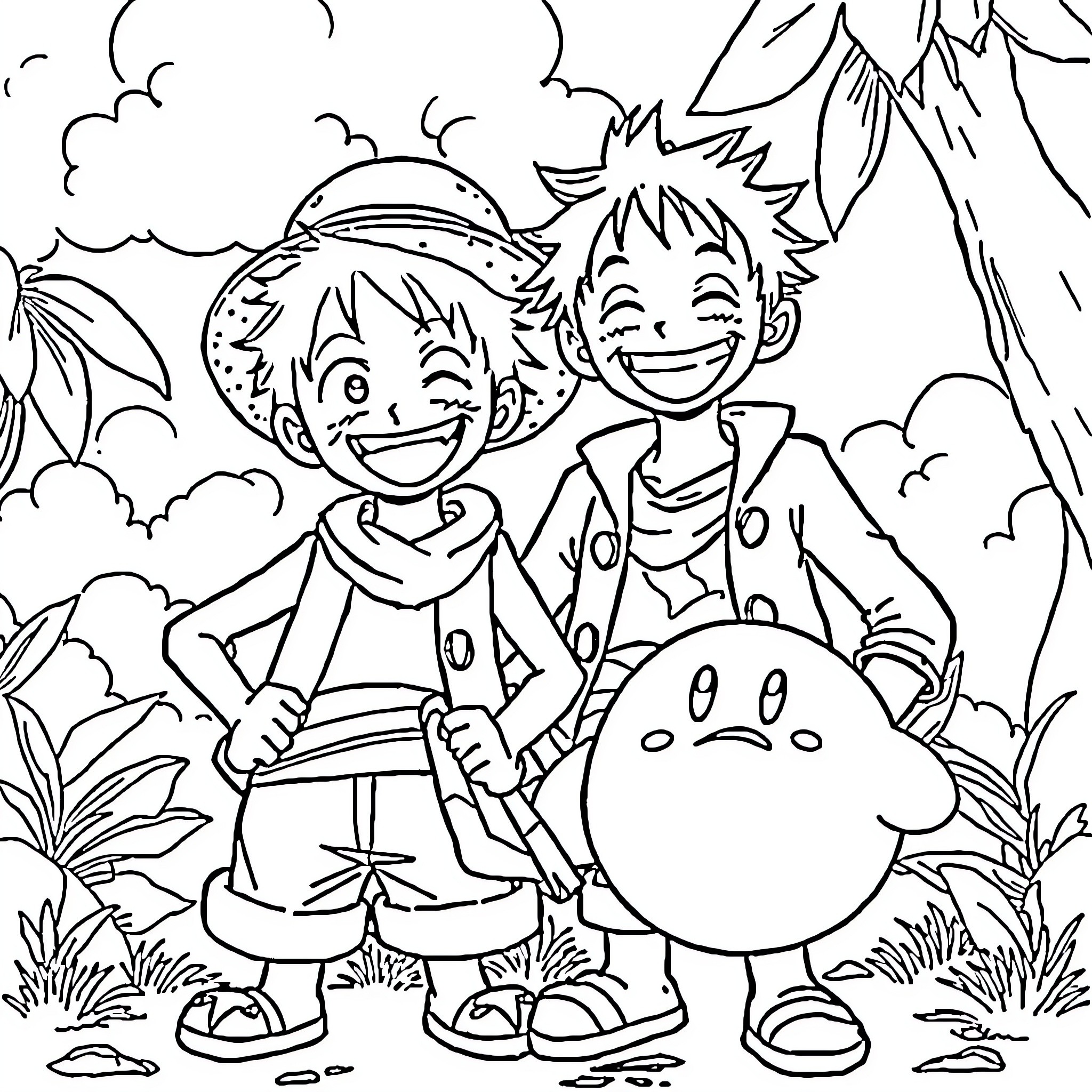 Luffy and Chopper's Outdoor Adventure Coloring Page (free black-and-white line drawing printable PDF for all, from beginners to advanced learners, including children, teens, adults, and seniors)