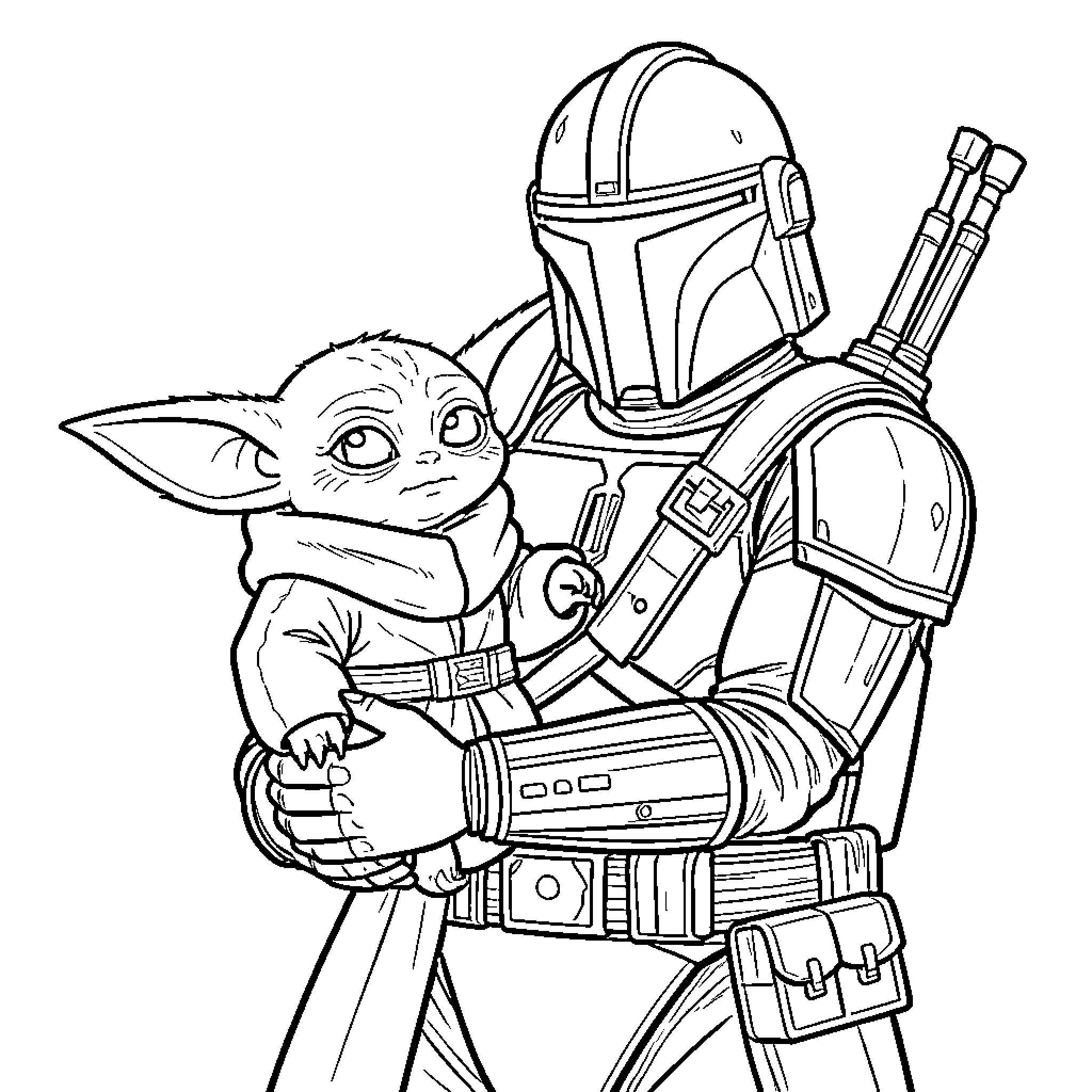 Yoda Grogu being held by a Mandalorian warrior Coloring Page (free black-and-white line drawing printable PDF for all, from beginners to advanced learners, including children, teens, adults, and seniors)
