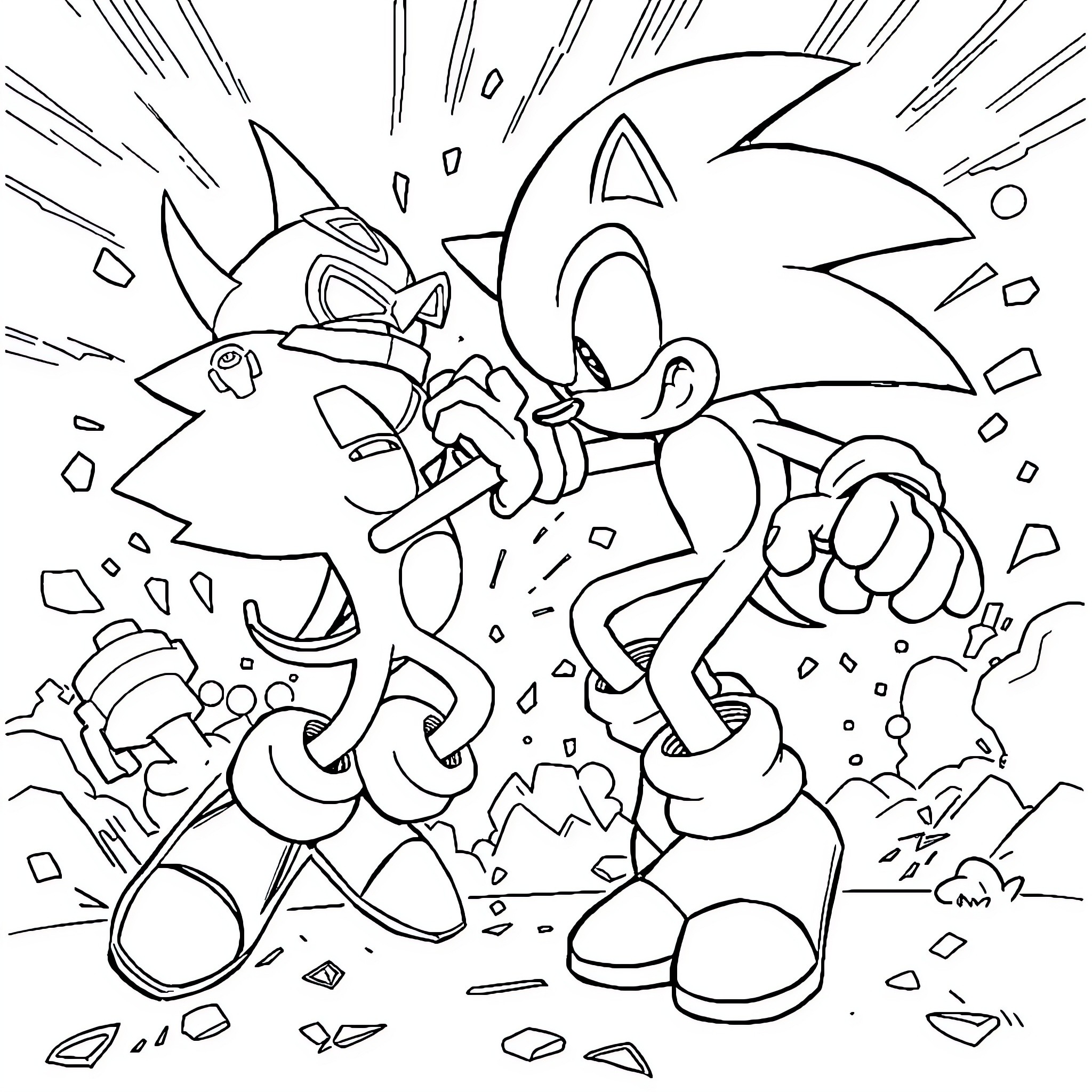 Sonic's Explosive Encounter Coloring Page (free black-and-white line drawing printable PDF for all, from beginners to advanced learners, including children, teens, adults, and seniors)