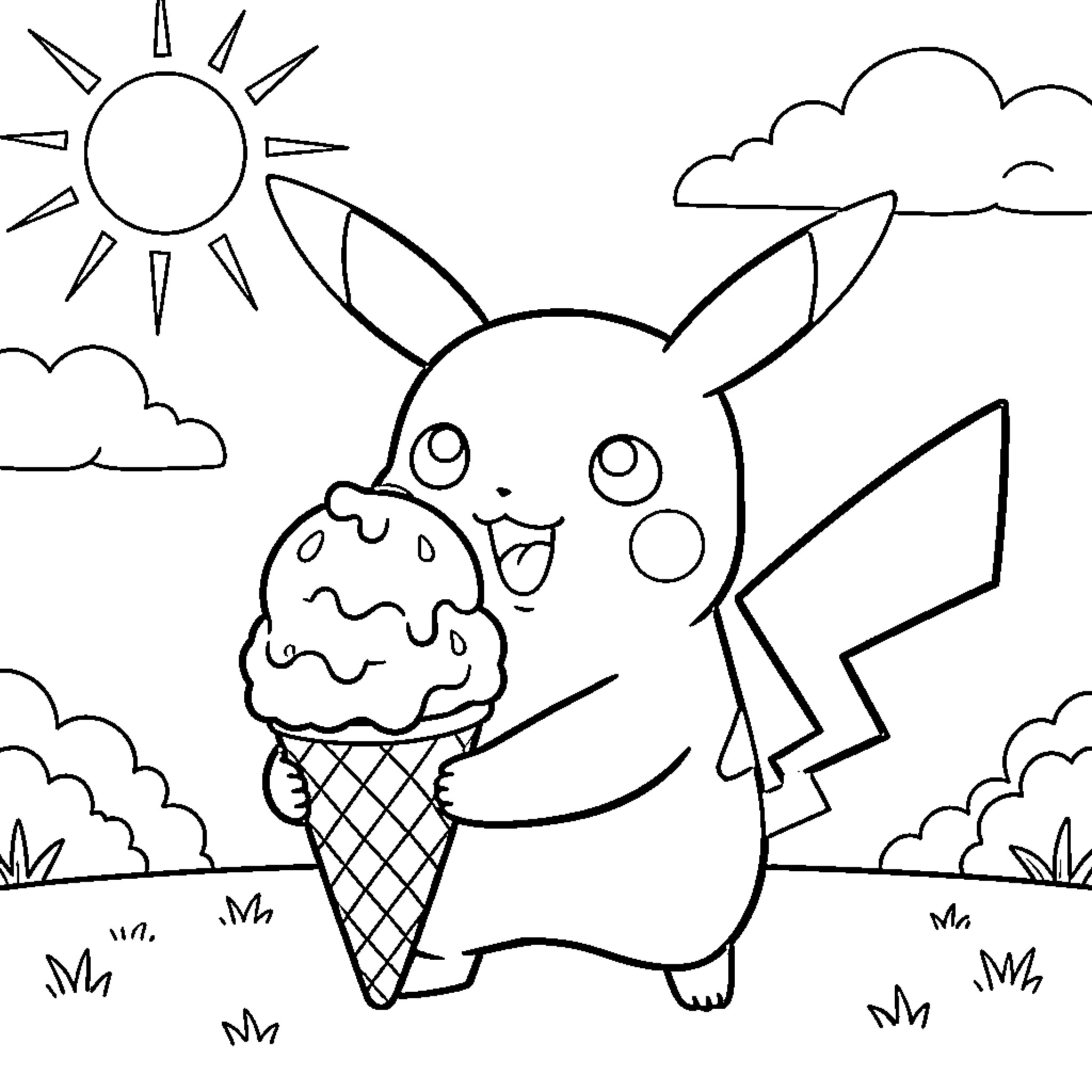 Pikachu enjoying a delightful ice cream treat Coloring Page (free black-and-white line drawing printable PDF for all, from beginners to advanced learners, including children, teens, adults, and seniors)