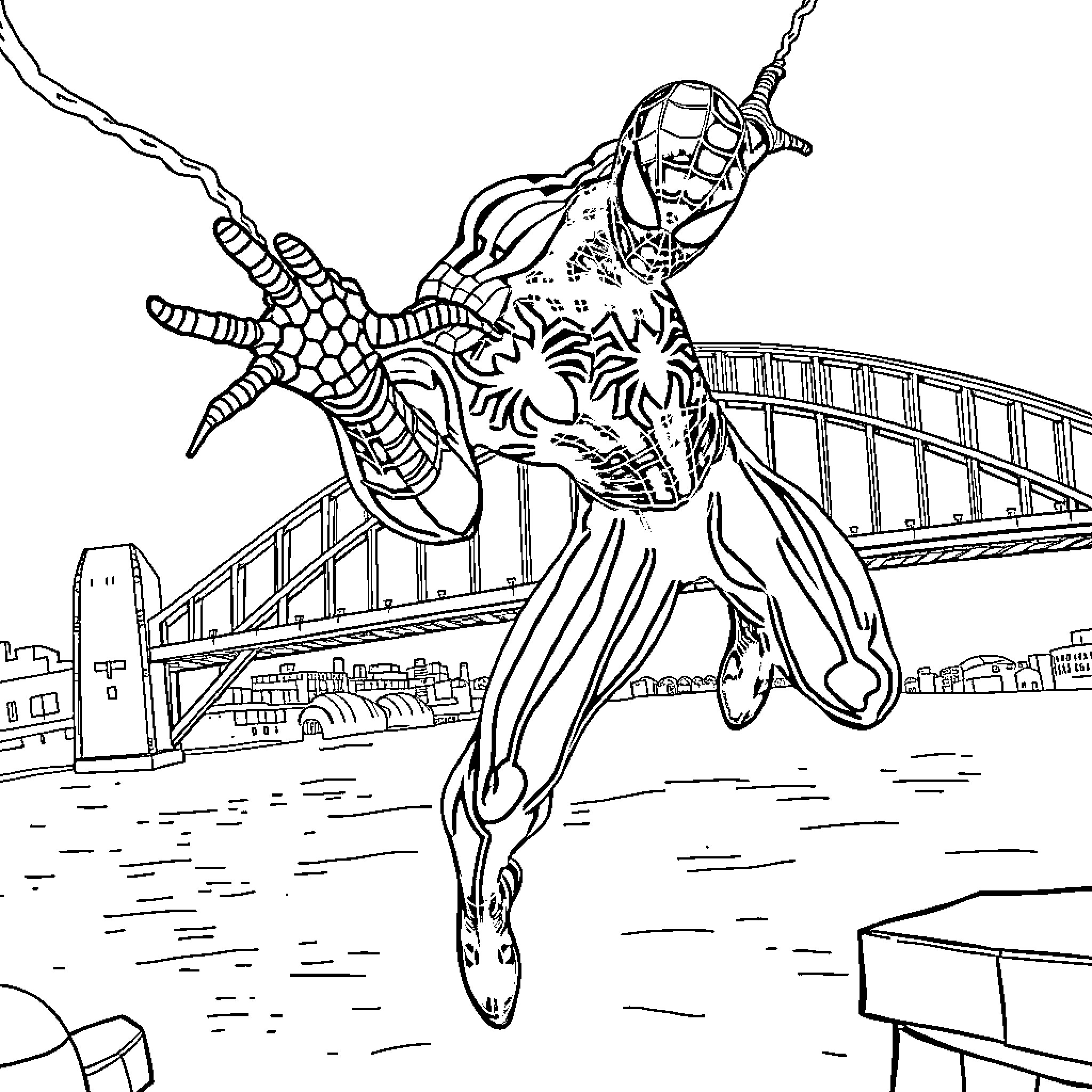 Spiderman swinging through the city with action and grace Coloring Page (free black-and-white line drawing printable PDF for all, from beginners to advanced learners, including children, teens, adults, and seniors)