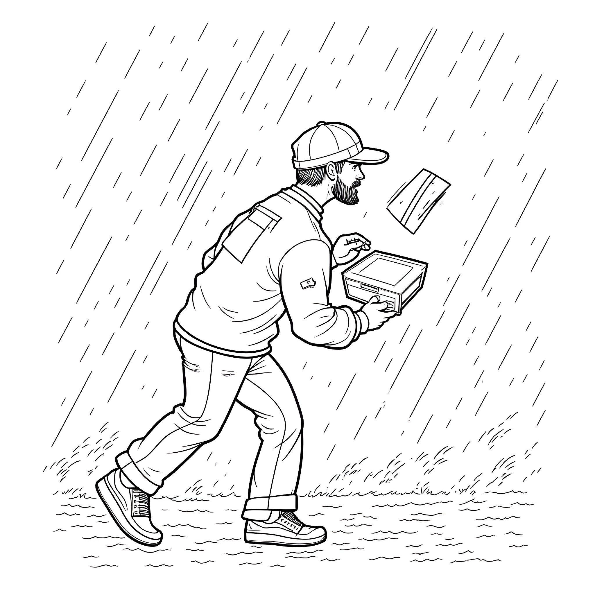 Mailman Delivering Packages in the Rain Coloring Page (free black-and-white line drawing printable PDF for all, from beginners to advanced learners, including children, teens, adults, and seniors)