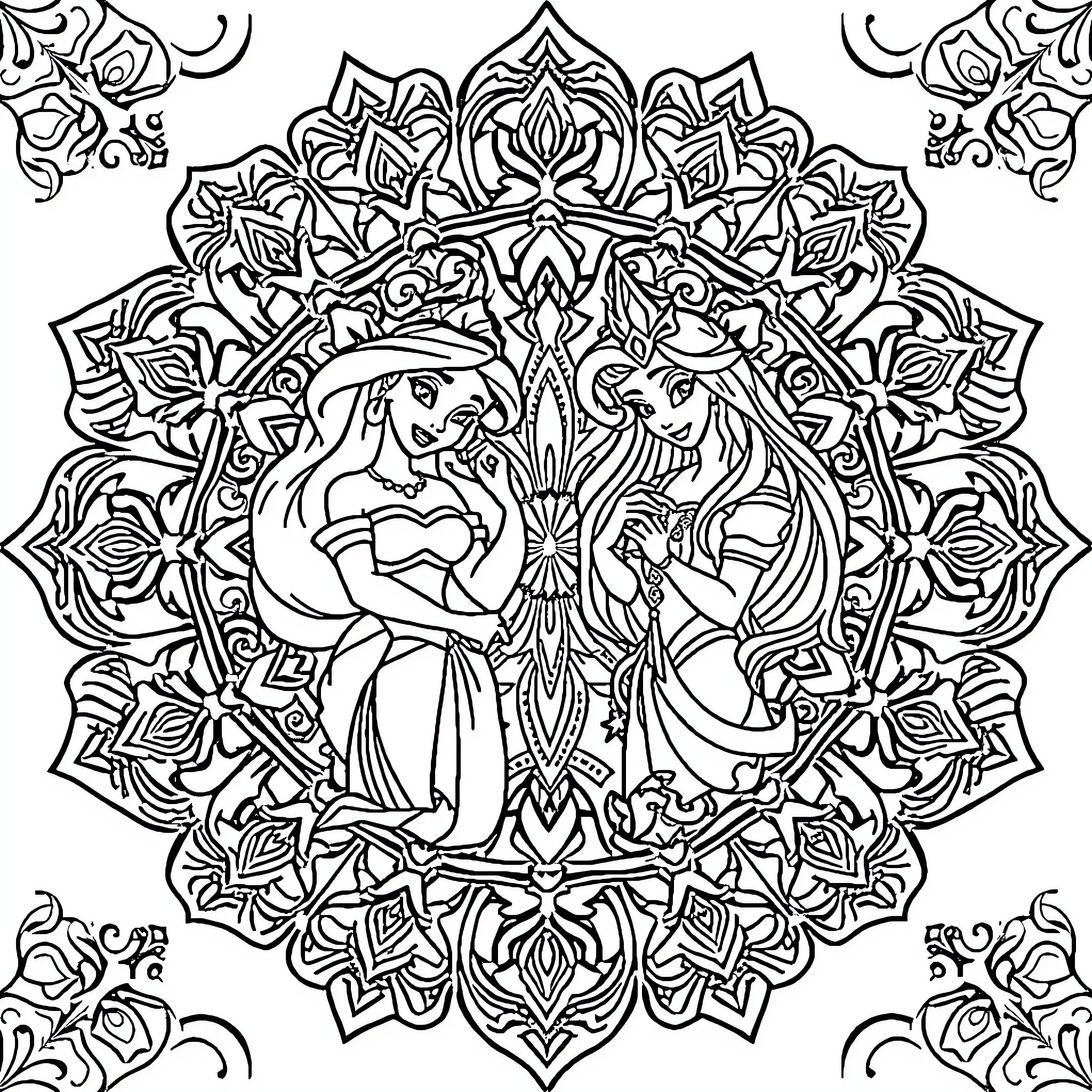 Mandala of Disney Princess Figures in Intricate Patterns Coloring Page (free black-and-white line drawing printable PDF for all, from beginners to advanced learners, including children, teens, adults, and seniors)