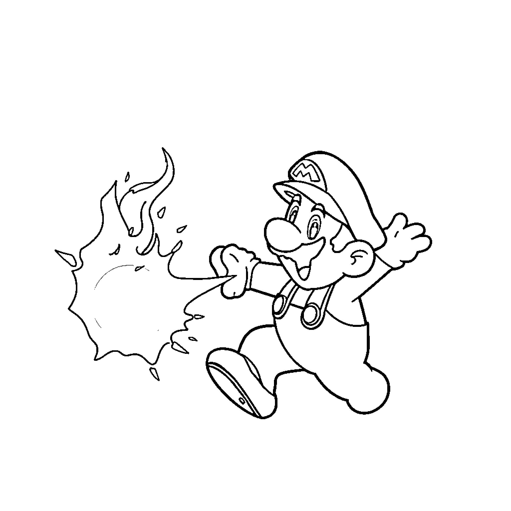 Mario Jumping and Blasting Fire Coloring Page (free black-and-white line drawing printable PDF for all, from beginners to advanced learners, including children, teens, adults, and seniors)