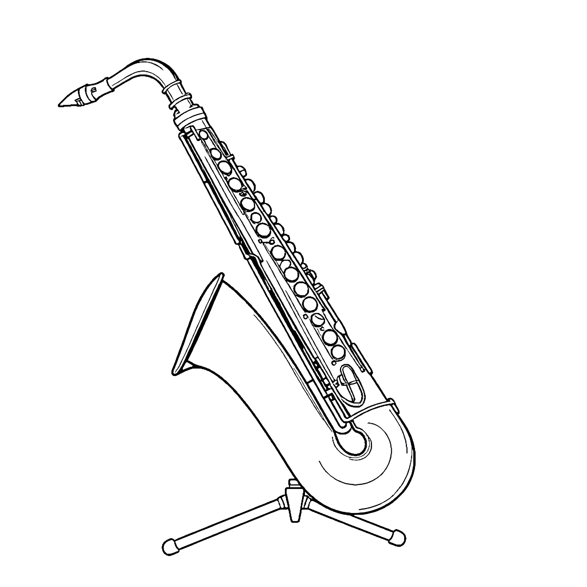Saxophone on a stand Coloring Page (free black-and-white line drawing printable PDF for all, from beginners to advanced learners, including children, teens, adults, and seniors)