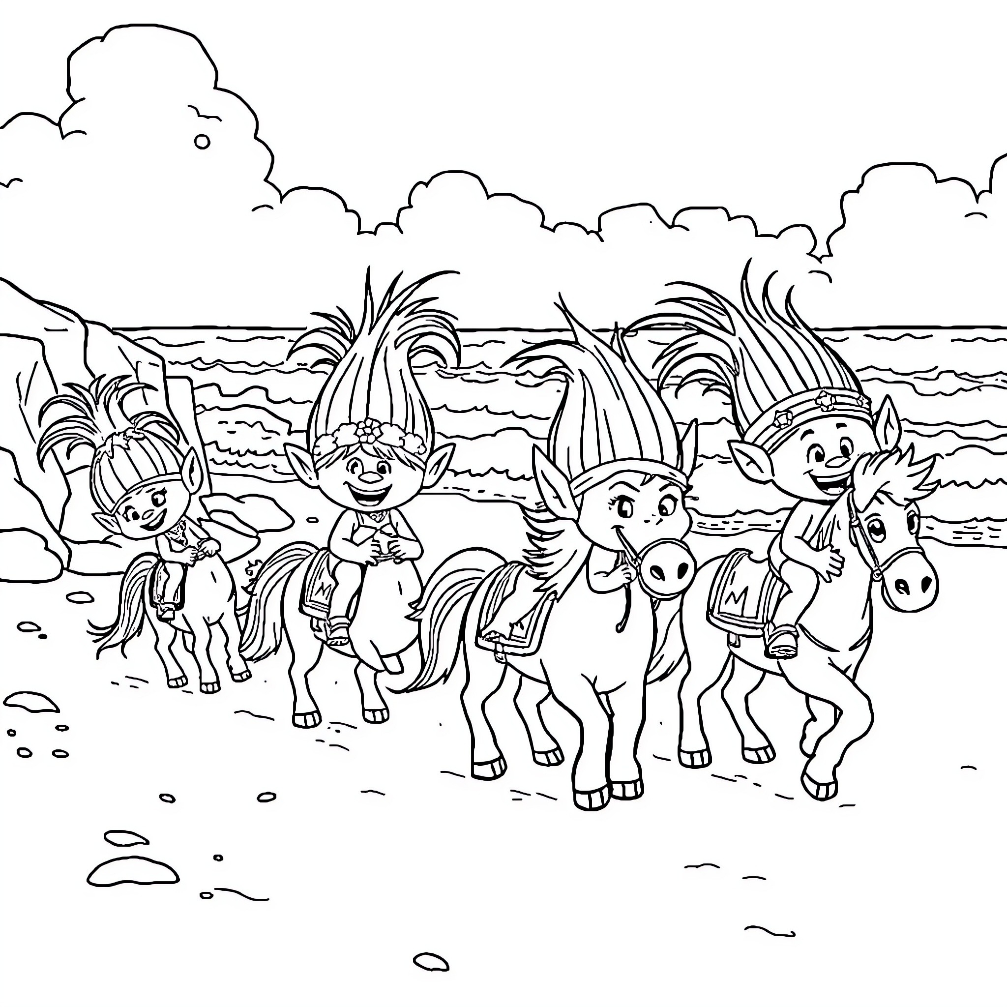 Troll characters playing on the beach Coloring Page (free black-and-white line drawing printable PDF for all, from beginners to advanced learners, including children, teens, adults, and seniors)