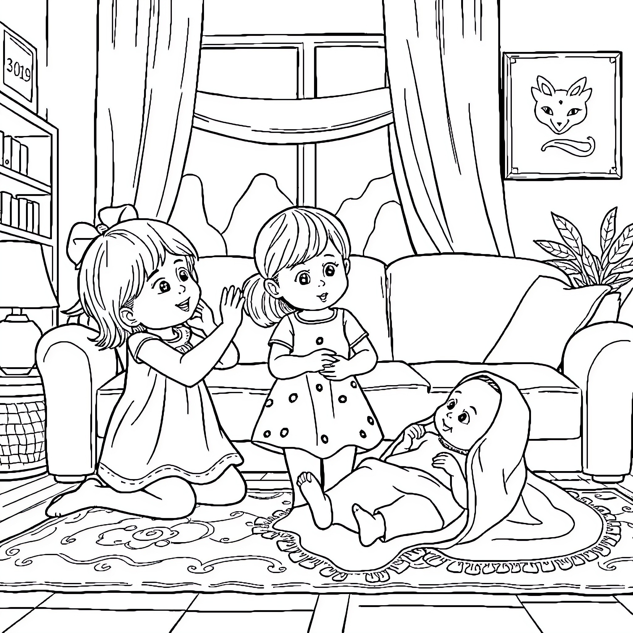 Sister's Playful Afternoon with Dolls Coloring Page (free black-and-white line drawing printable PDF for all, from beginners to advanced learners, including children, teens, adults, and seniors)