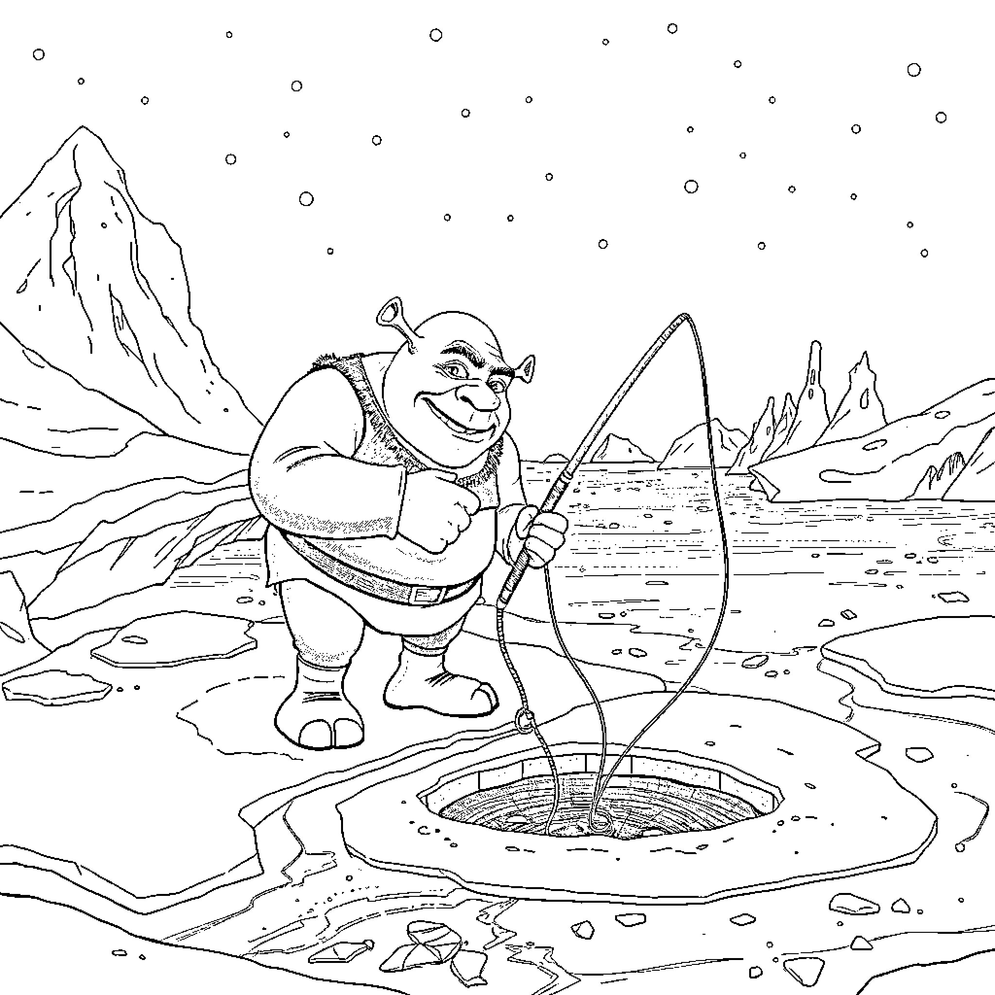 Shrek's Icy Fishing Adventure Coloring Page (free black-and-white line drawing printable PDF for all, from beginners to advanced learners, including children, teens, adults, and seniors)