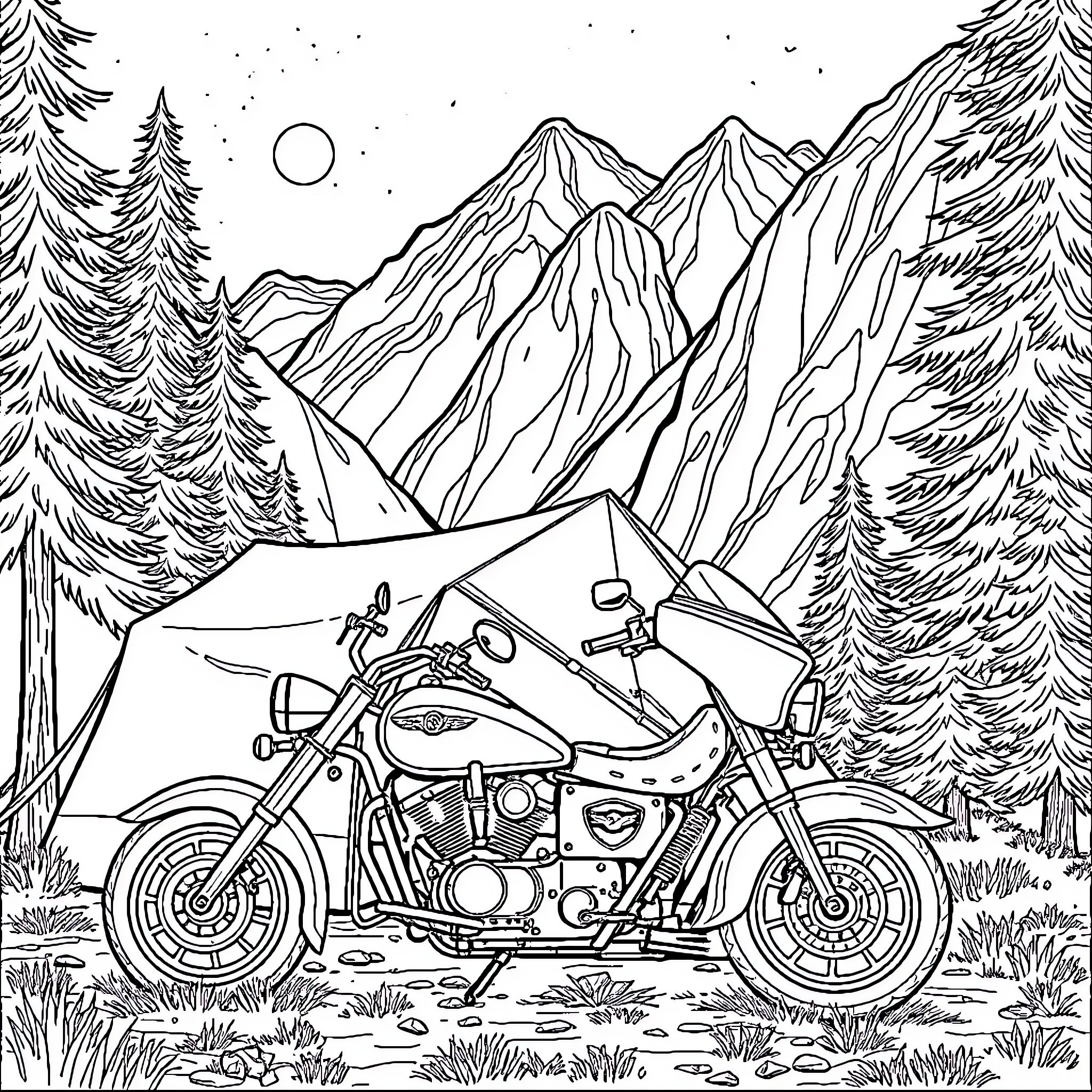 Motorcycle Adventure in the Mountainous Wilderness Coloring Page (free black-and-white line drawing printable PDF for all, from beginners to advanced learners, including children, teens, adults, and seniors)